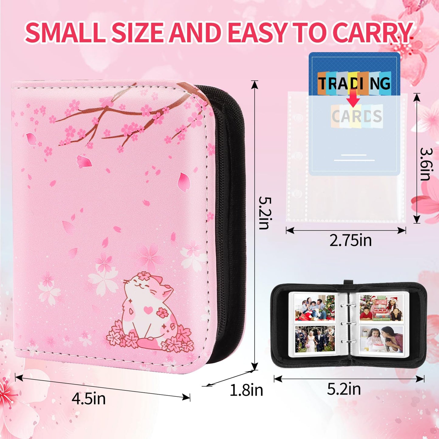 CLOKORIA Sakura Cat Mini Card Binder — 80 Cards, 40 Removable Sleeves, Pocket-Sized 5.3 x 4.3 in