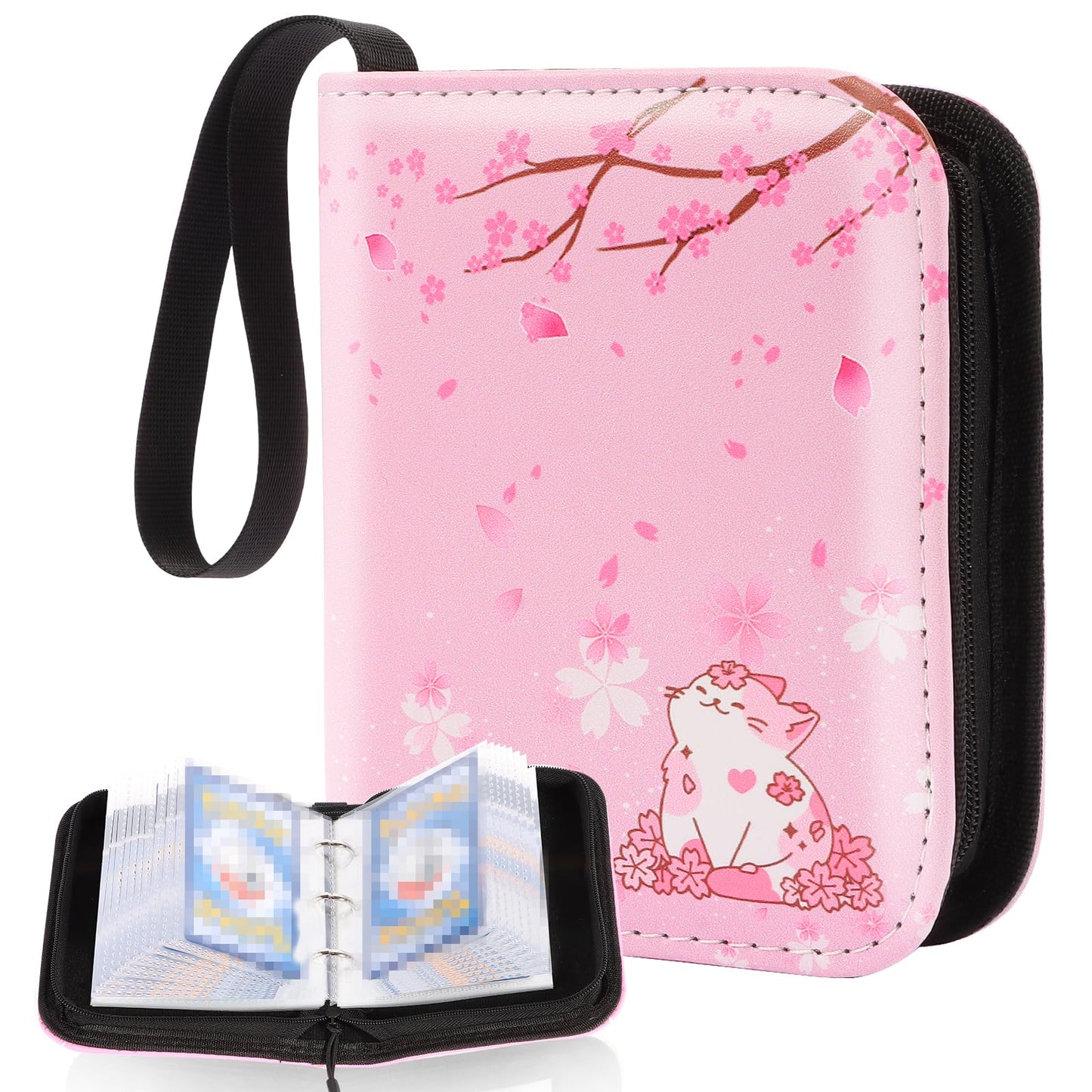 CLOKORIA Sakura Cat Mini Card Binder — 80 Cards, 40 Removable Sleeves, Pocket-Sized 5.3 x 4.3 in