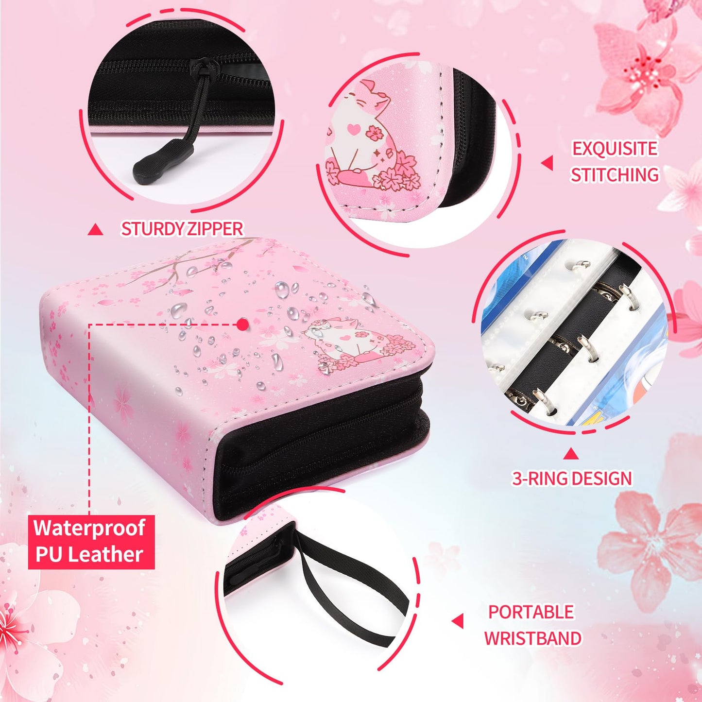 CLOKORIA Sakura Cat Mini Card Binder — 80 Cards, 40 Removable Sleeves, Pocket-Sized 5.3 x 4.3 in