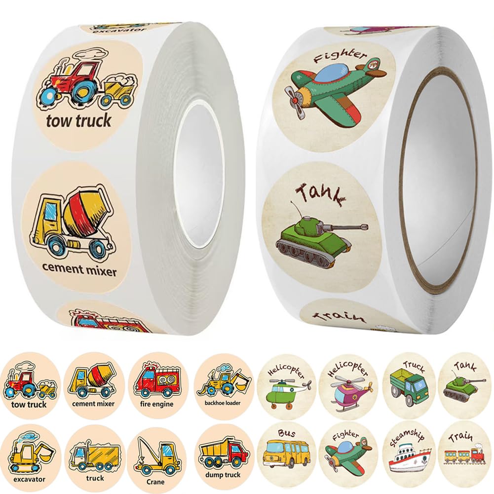 CLOSOCKEY 1000Pcs Cartoon Transportation Sticker Roll – Trucks, Buses and More for Class Rewards