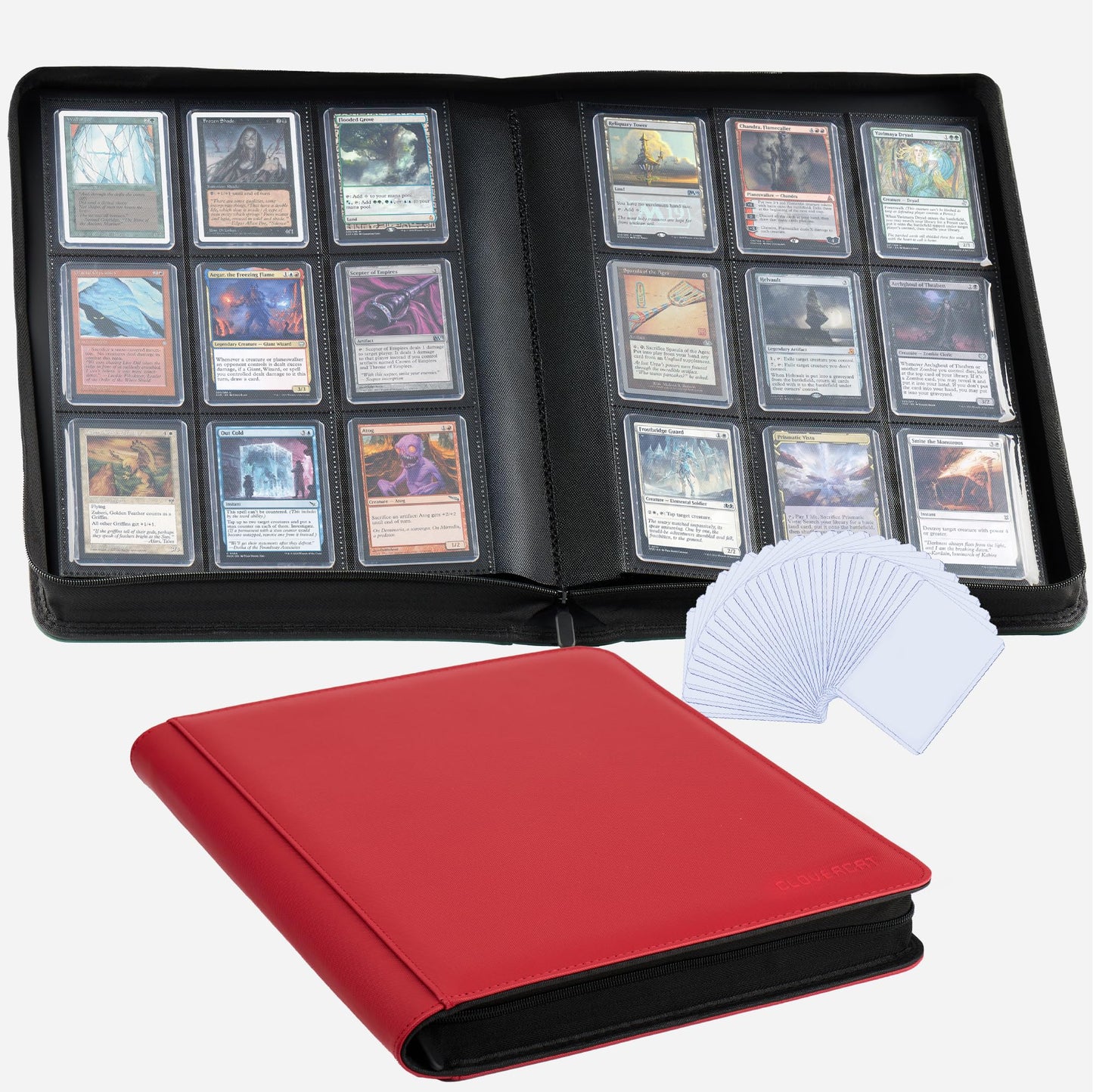 CLOVERCAT 9-Pocket Toploader Binder – Holds 252 Cards with 20 Top Loaders (Red)