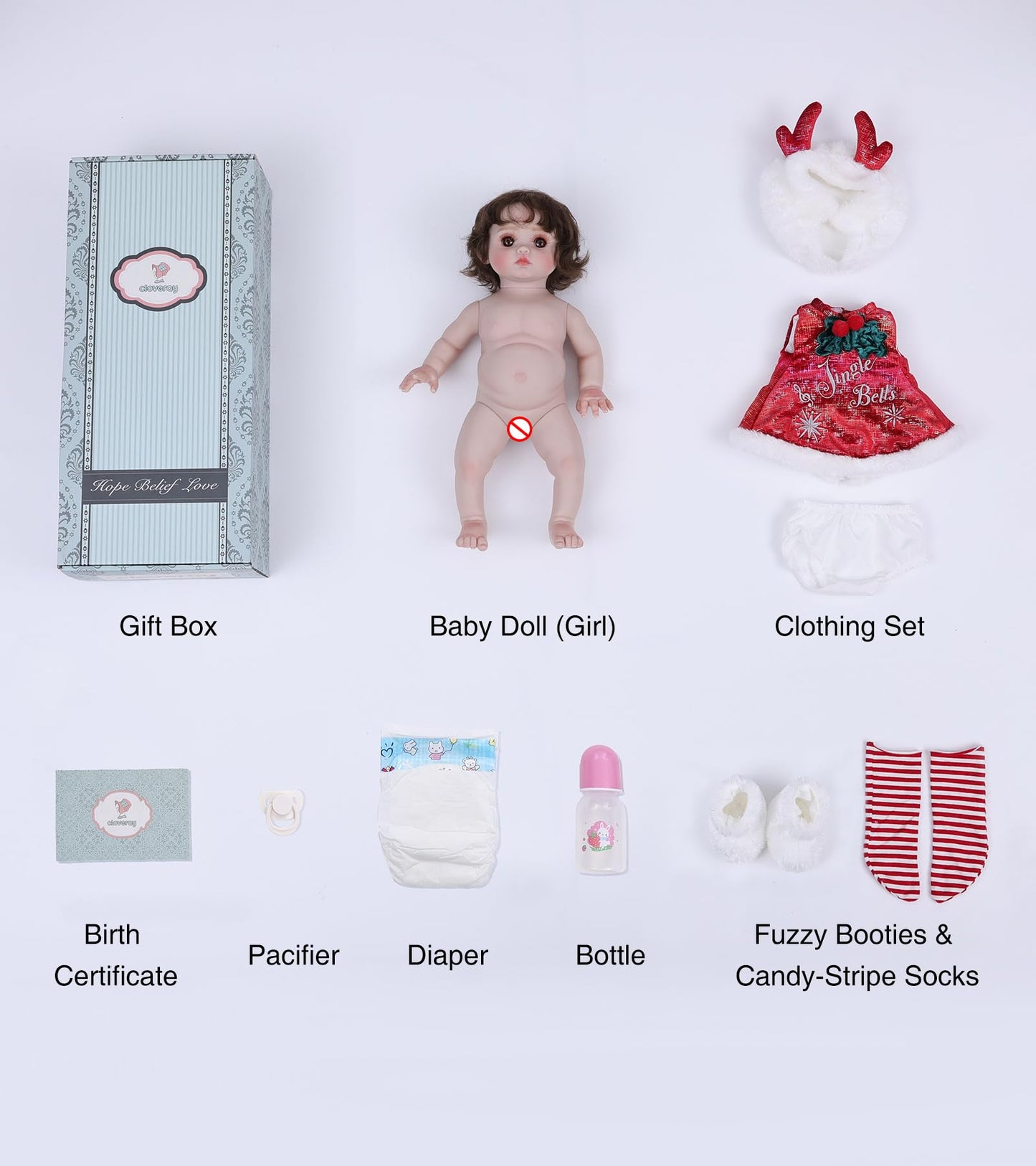 Cloveray 18-Inch Realistic Reborn Vinyl Baby Doll with Brown Curly Hair