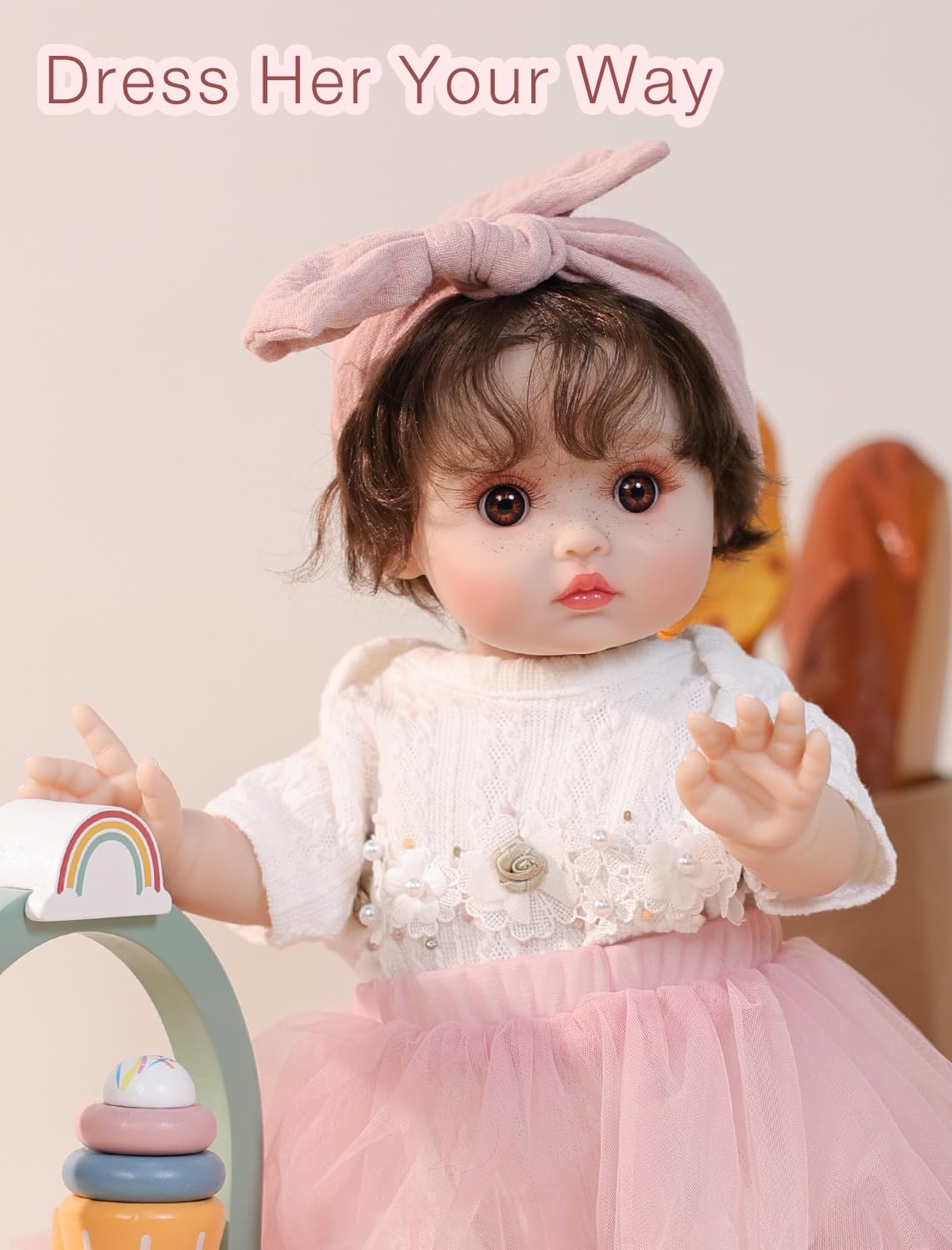 Cloveray 18-Inch Realistic Reborn Vinyl Baby Doll with Brown Curly Hair
