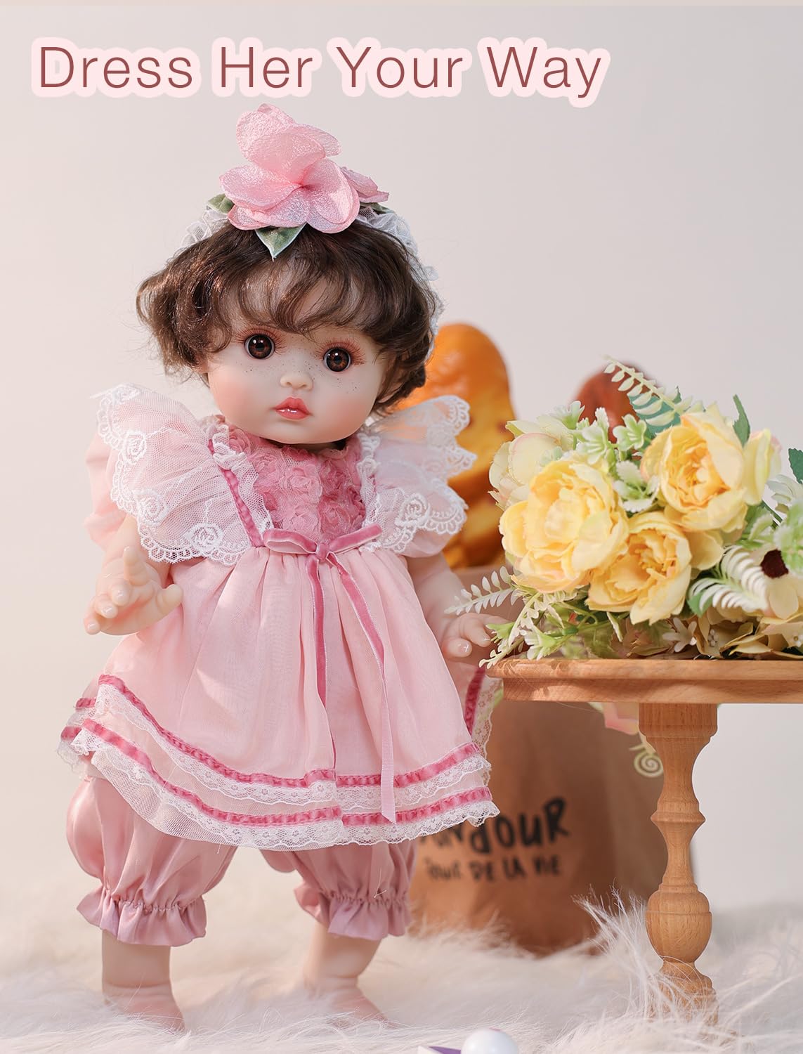 Cloveray 18-Inch Realistic Reborn Vinyl Baby Doll with Brown Curly Hair