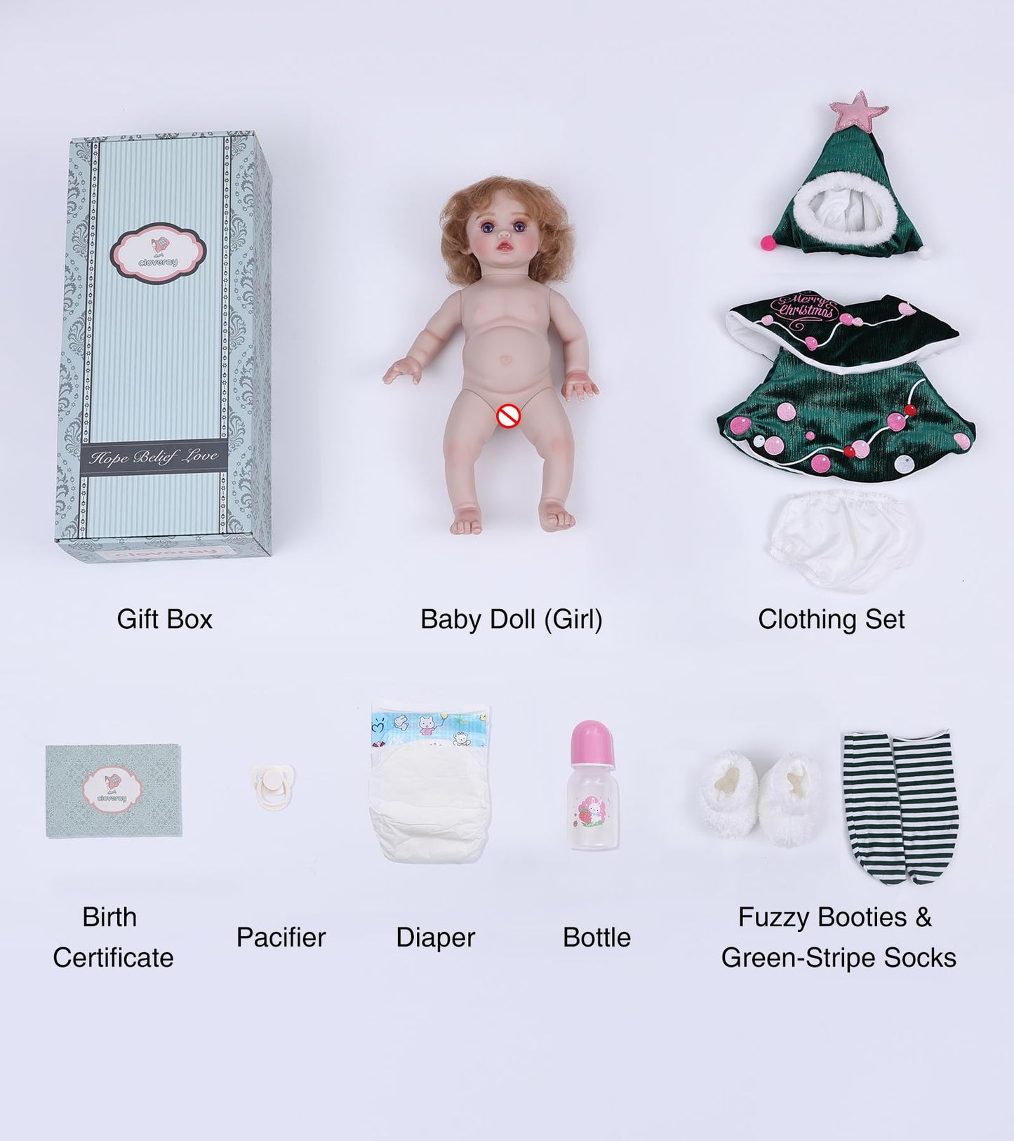 Cloveray 18-Inch Realistic Reborn Baby Doll with Curly Hair - Full Vinyl, Gift-Ready Outfit & Birth Certificate