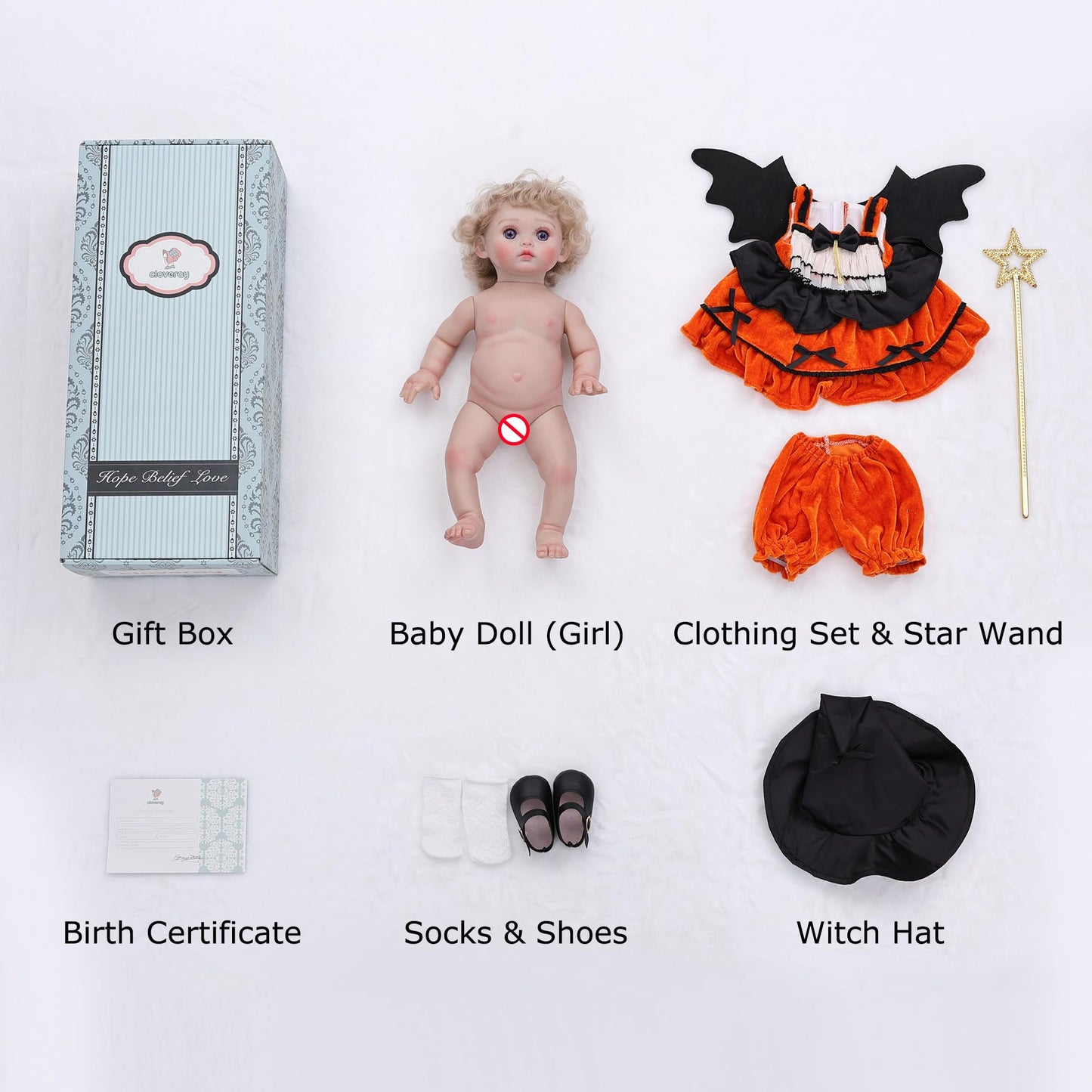 Cloveray Halloween Reborn 18-Inch Toddler Doll – Witch Outfit, Purple Eyes, Full Vinyl, Gift-Ready Display