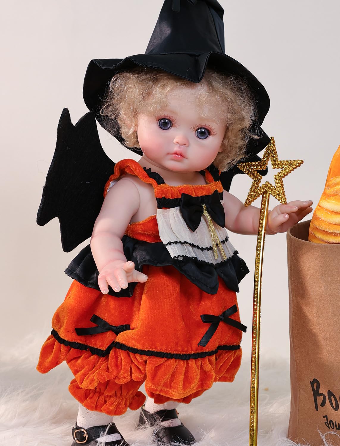 Cloveray Halloween Reborn 18-Inch Toddler Doll – Witch Outfit, Purple Eyes, Full Vinyl, Gift-Ready Display
