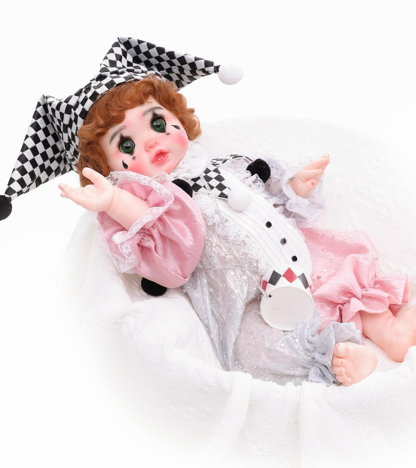 Cloveray Harlequin Clown Reborn Toddler Doll – 18 Inch, Curly Hair, Pink & Silver Costume