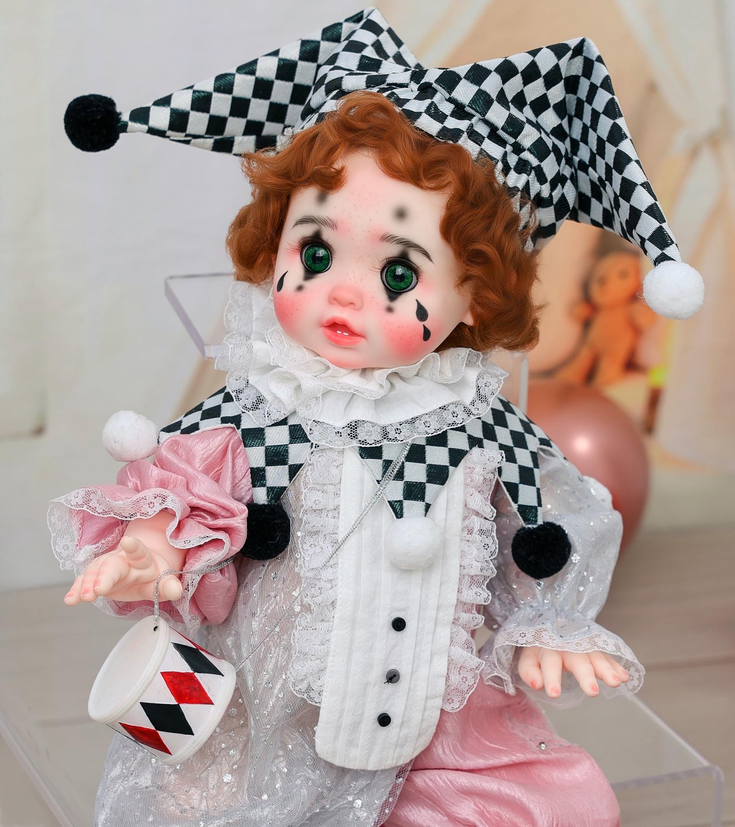 Cloveray Harlequin Clown Reborn Toddler Doll – 18 Inch, Curly Hair, Pink & Silver Costume