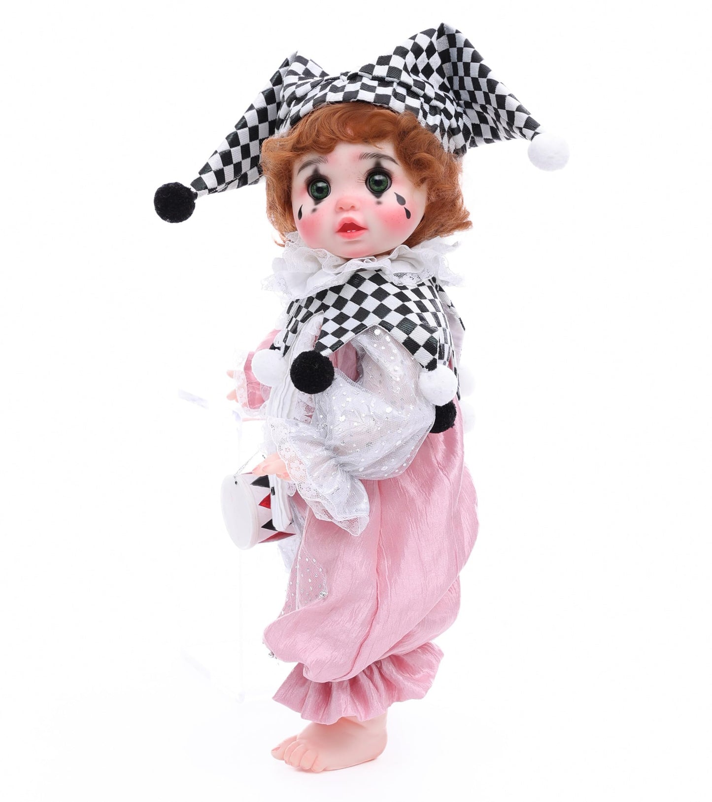 Cloveray Harlequin Clown Reborn Toddler Doll – 18 Inch, Curly Hair, Pink & Silver Costume