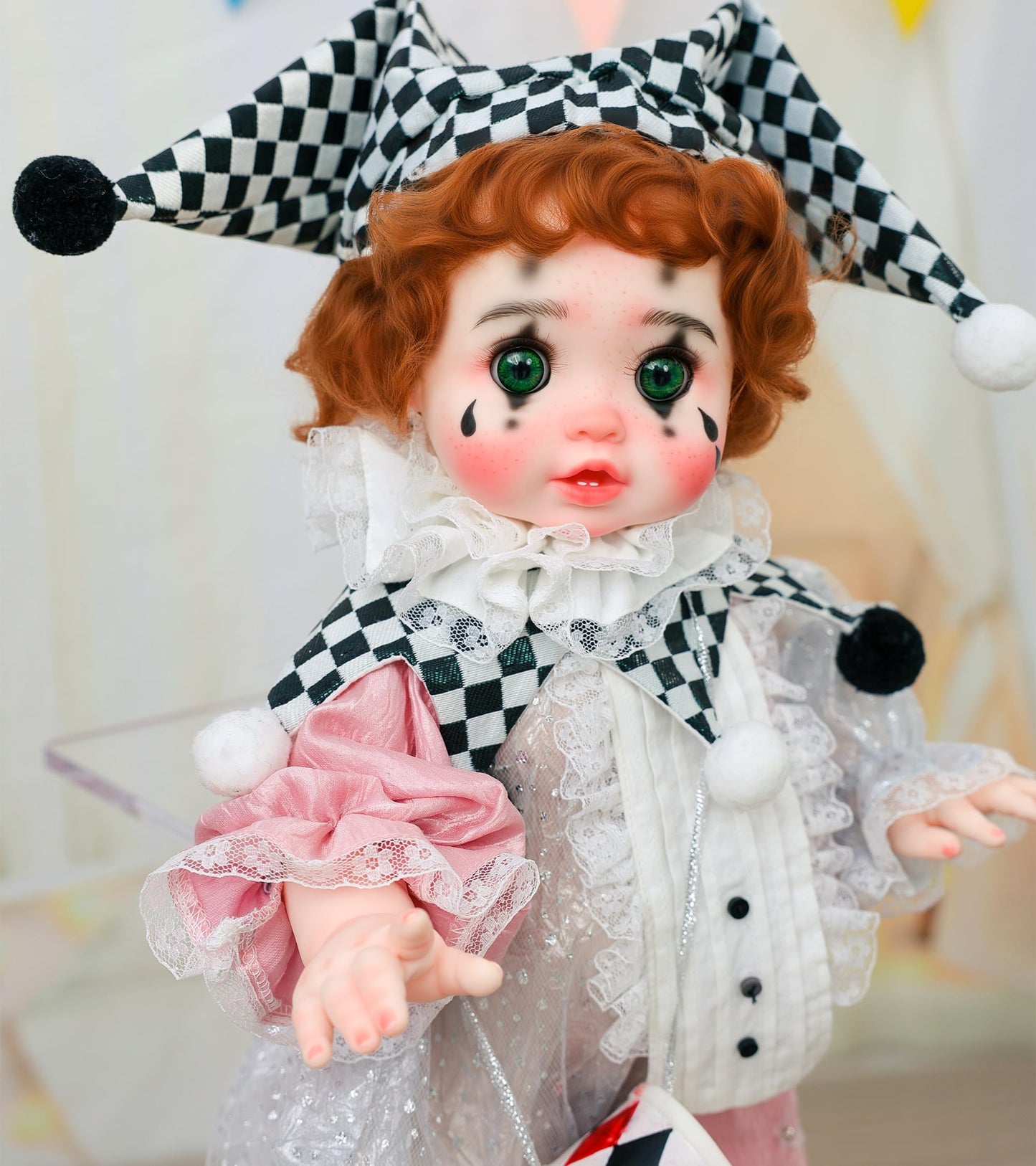 Cloveray Harlequin Clown Reborn Toddler Doll – 18 Inch, Curly Hair, Pink & Silver Costume