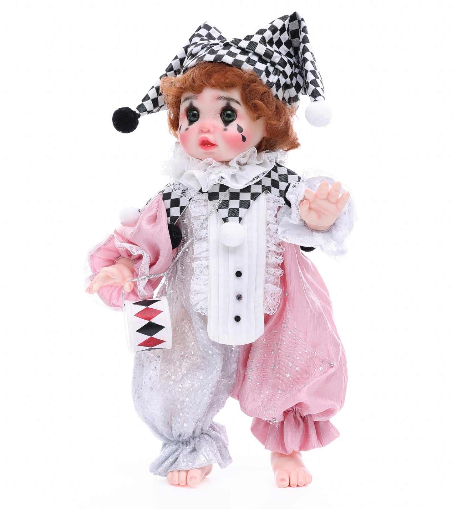 Cloveray Harlequin Clown Reborn Toddler Doll – 18 Inch, Curly Hair, Pink & Silver Costume