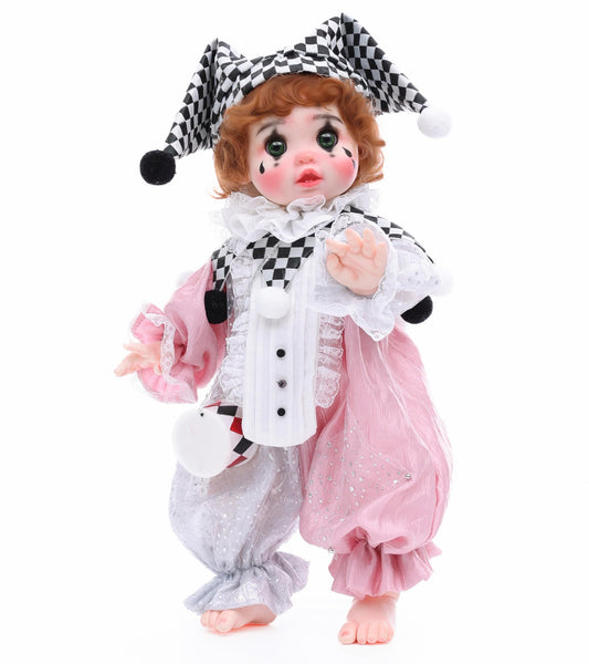 Cloveray Harlequin Clown Reborn Toddler Doll – 18 Inch, Curly Hair, Pink & Silver Costume