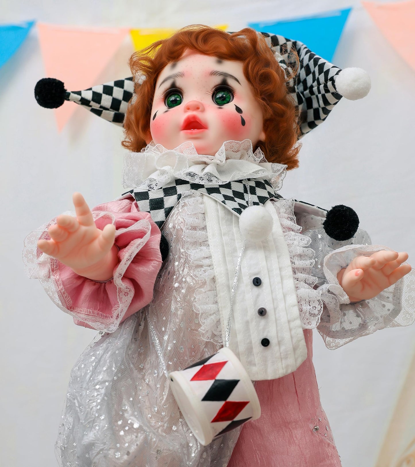 Cloveray Harlequin Clown Reborn Toddler Doll – 18 Inch, Curly Hair, Pink & Silver Costume