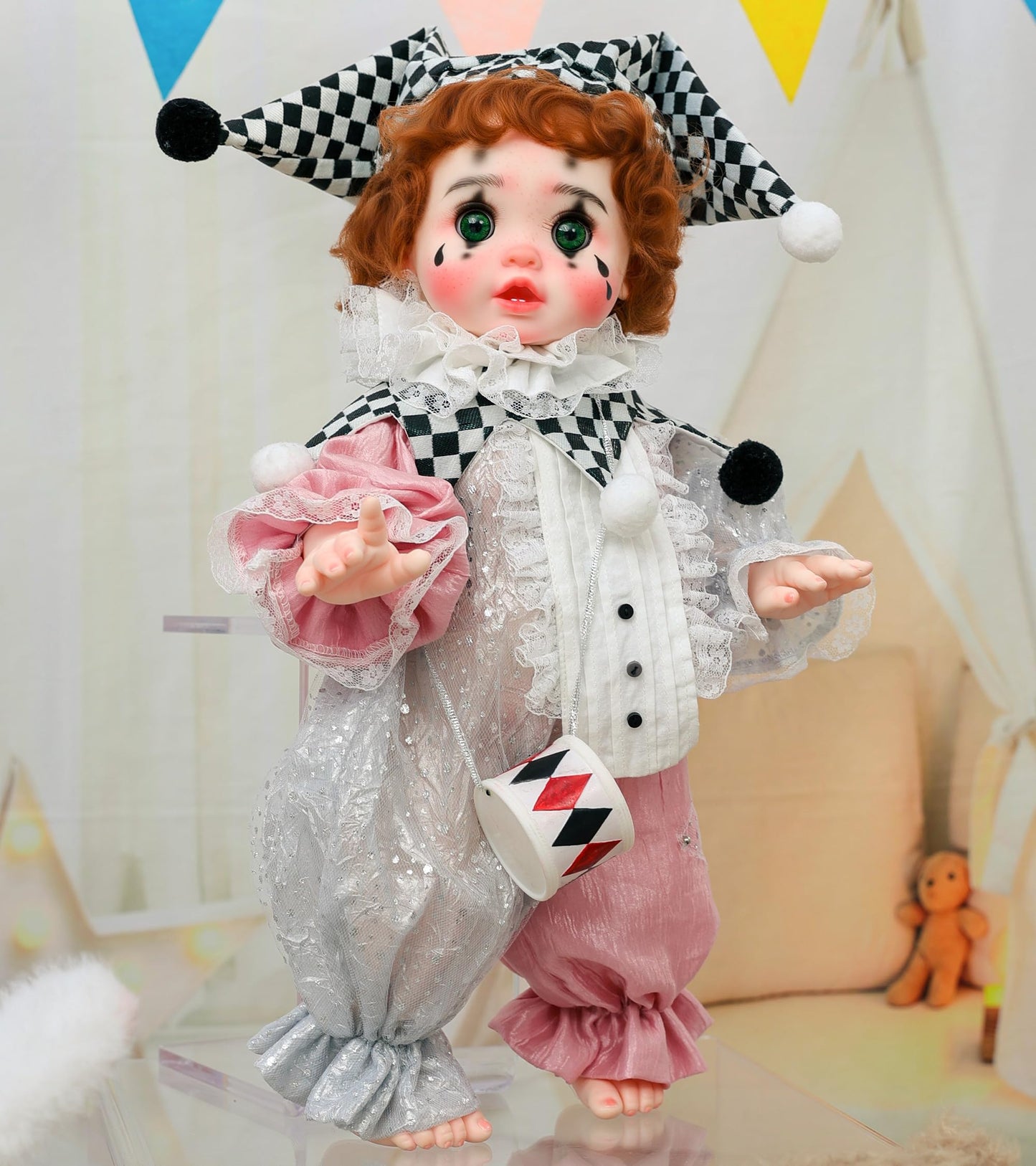Cloveray Harlequin Clown Reborn Toddler Doll – 18 Inch, Curly Hair, Pink & Silver Costume