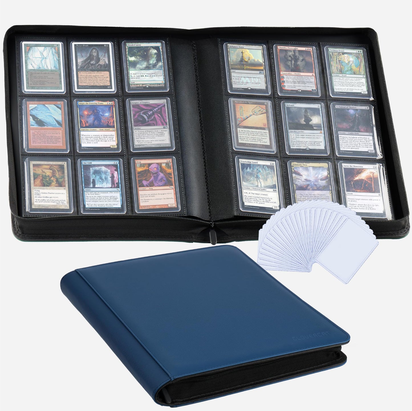 CLOVERCAT 9-Pocket Toploader Binder – Holds 252 Cards, 20 Removable Toploaders, PU Leather, Water-Resistant, Blue