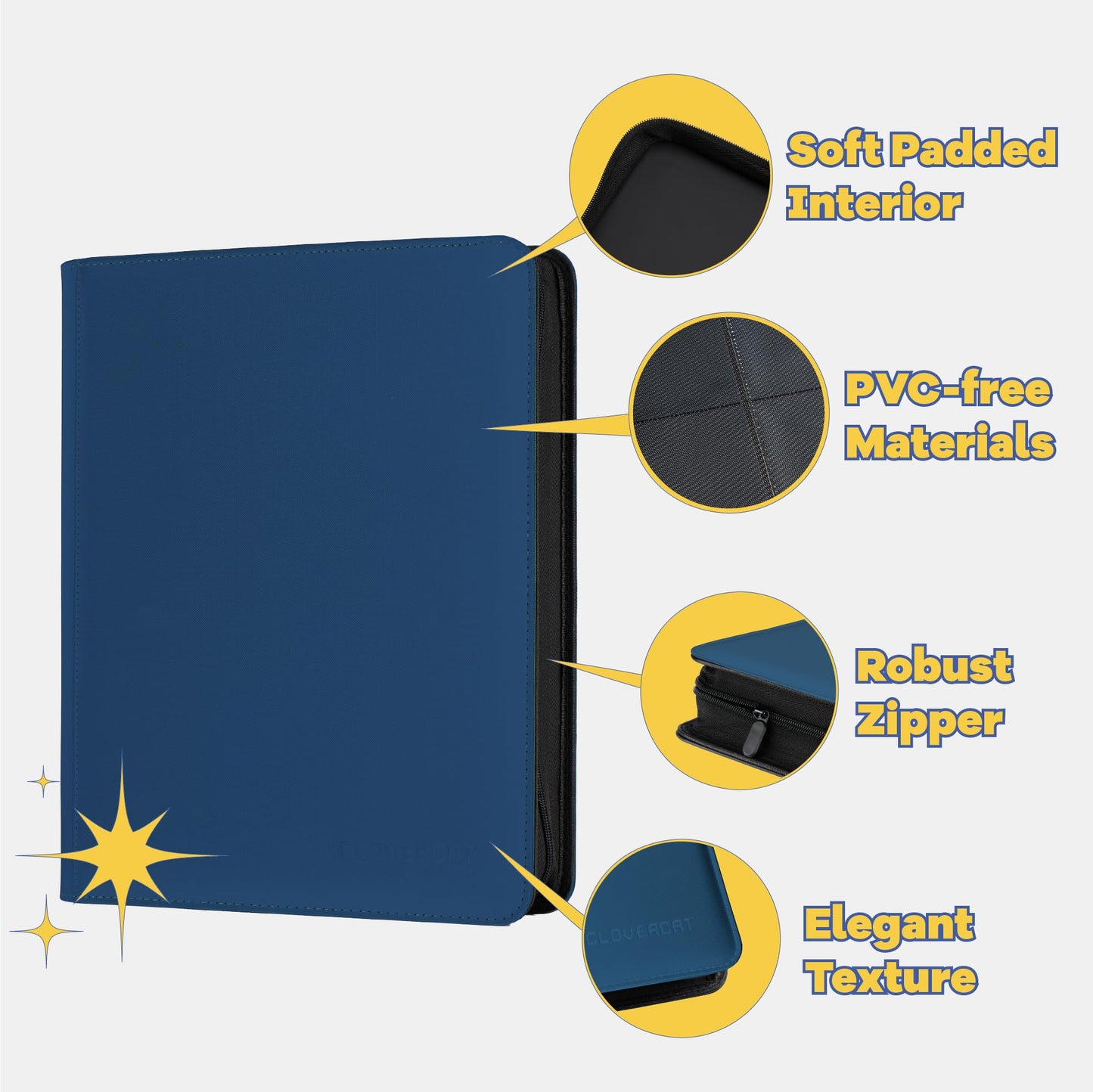 CLOVERCAT 9-Pocket Toploader Binder – Holds 252 Cards, 20 Removable Toploaders, PU Leather, Water-Resistant, Blue