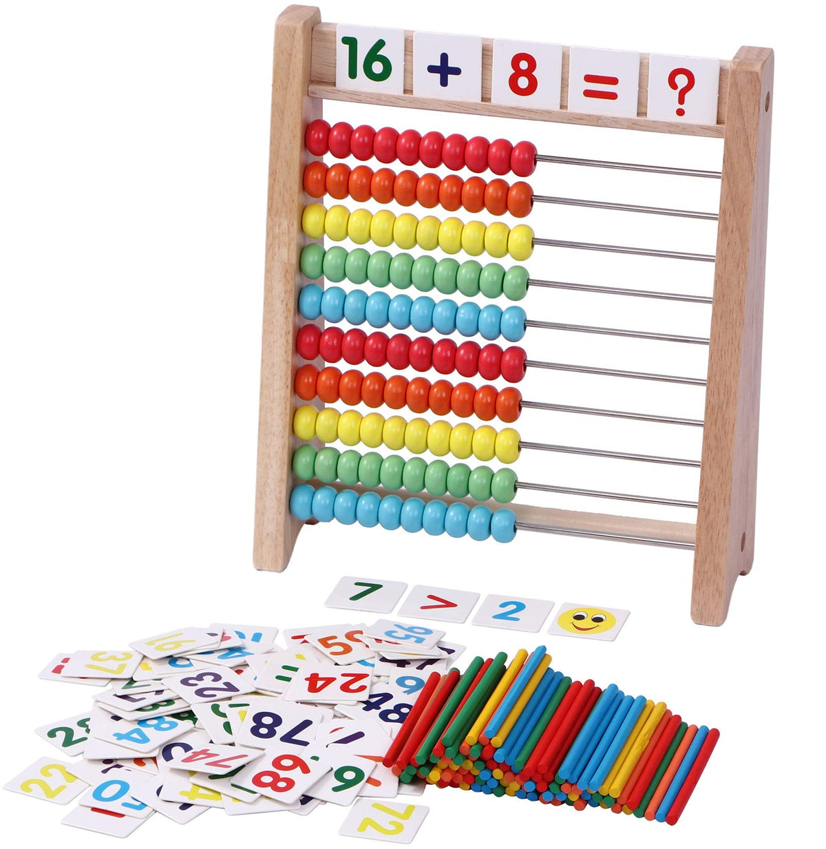 Cltoyvers Wooden Abacus for Kids – 100 Beads, 100 Counting Sticks, 110 Math Cards (1–100)