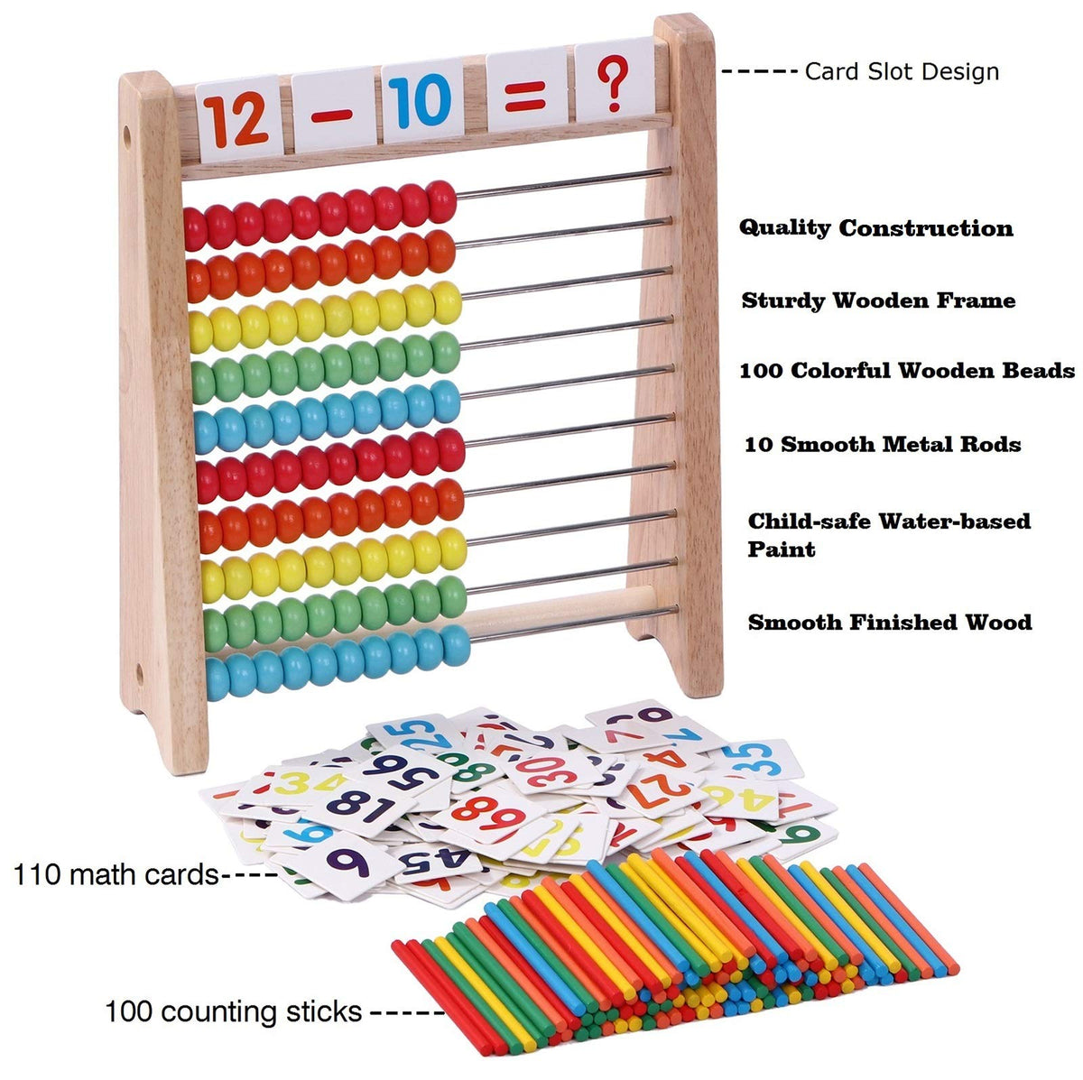 Cltoyvers Wooden Abacus for Kids – 100 Beads, 100 Counting Sticks, 110 Math Cards (1–100)