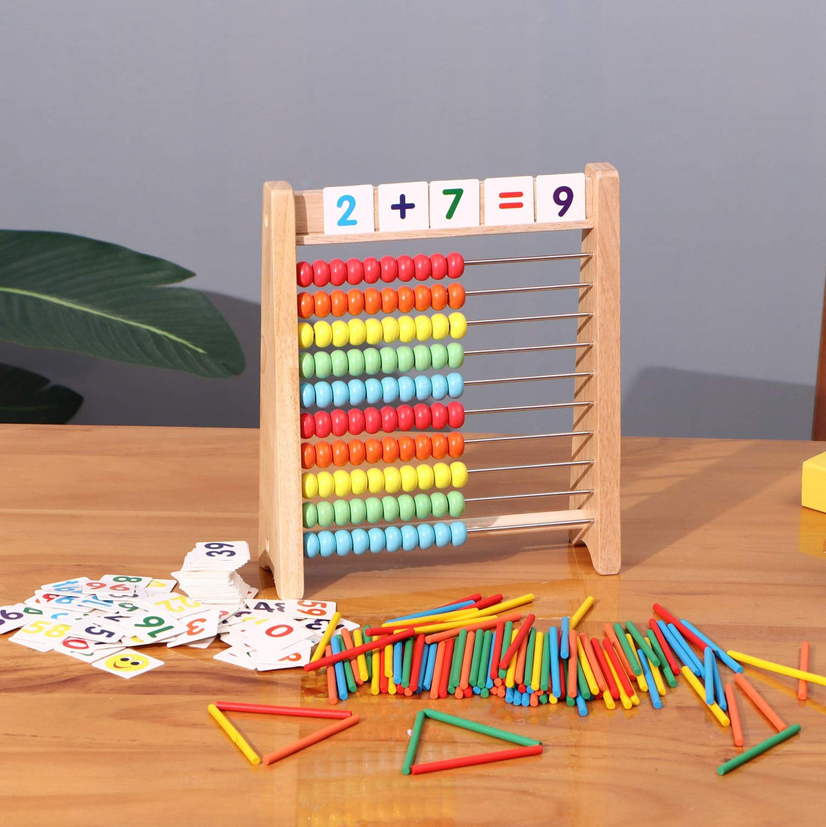 Cltoyvers Wooden Abacus for Kids – 100 Beads, 100 Counting Sticks, 110 Math Cards (1–100)