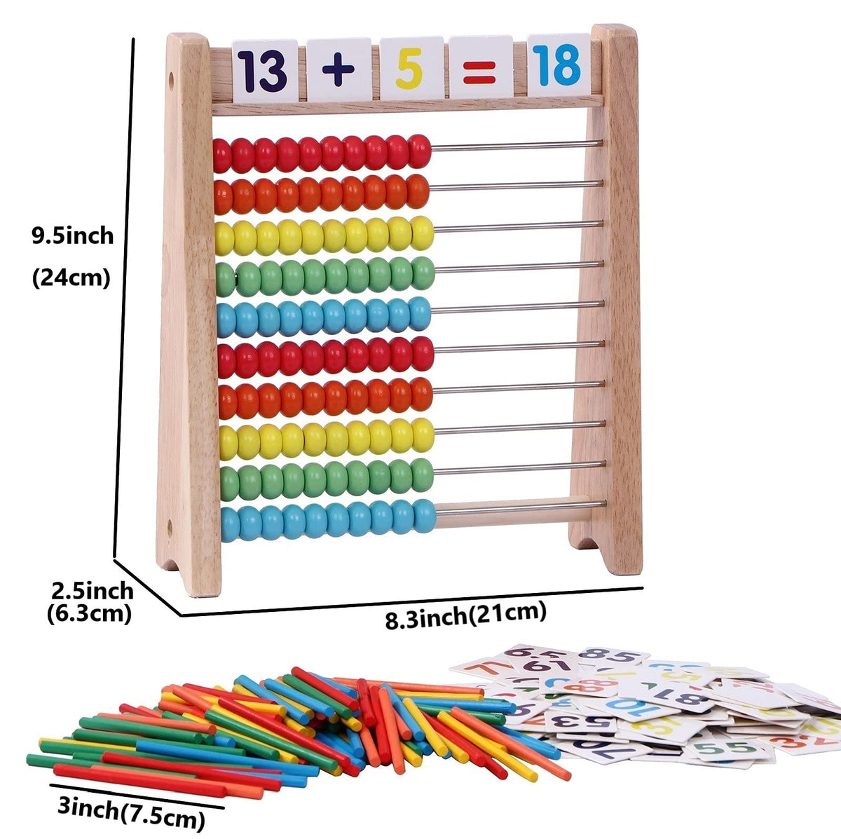 Cltoyvers Wooden Abacus for Kids – 100 Beads, 100 Counting Sticks, 110 Math Cards (1–100)