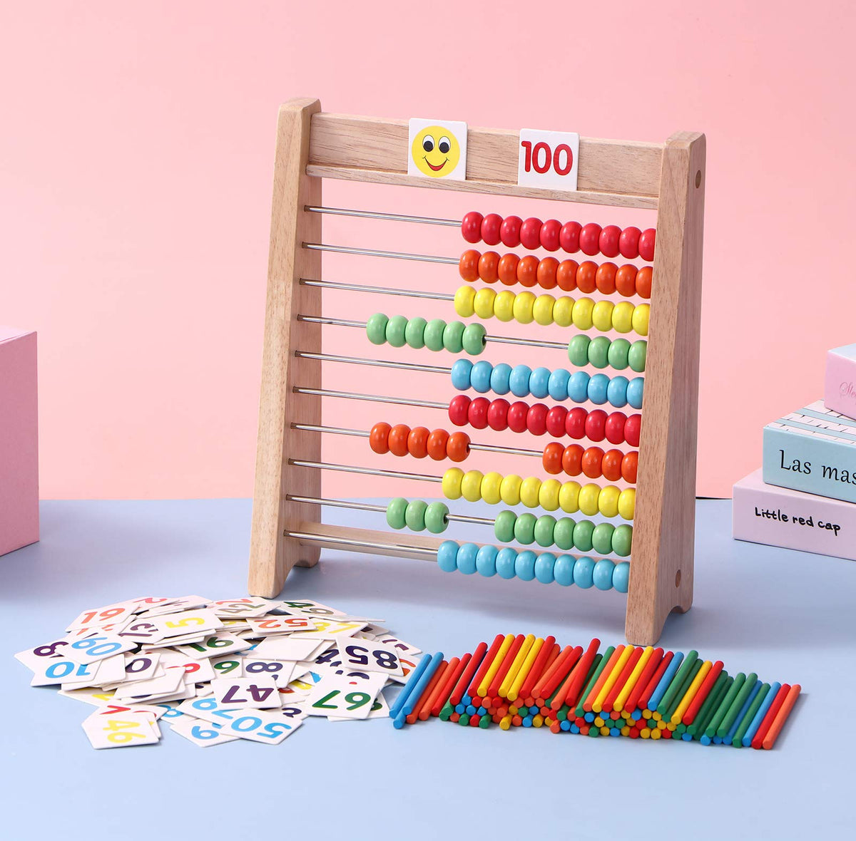 Cltoyvers Wooden Abacus for Kids – 100 Beads, 100 Counting Sticks, 110 Math Cards (1–100)