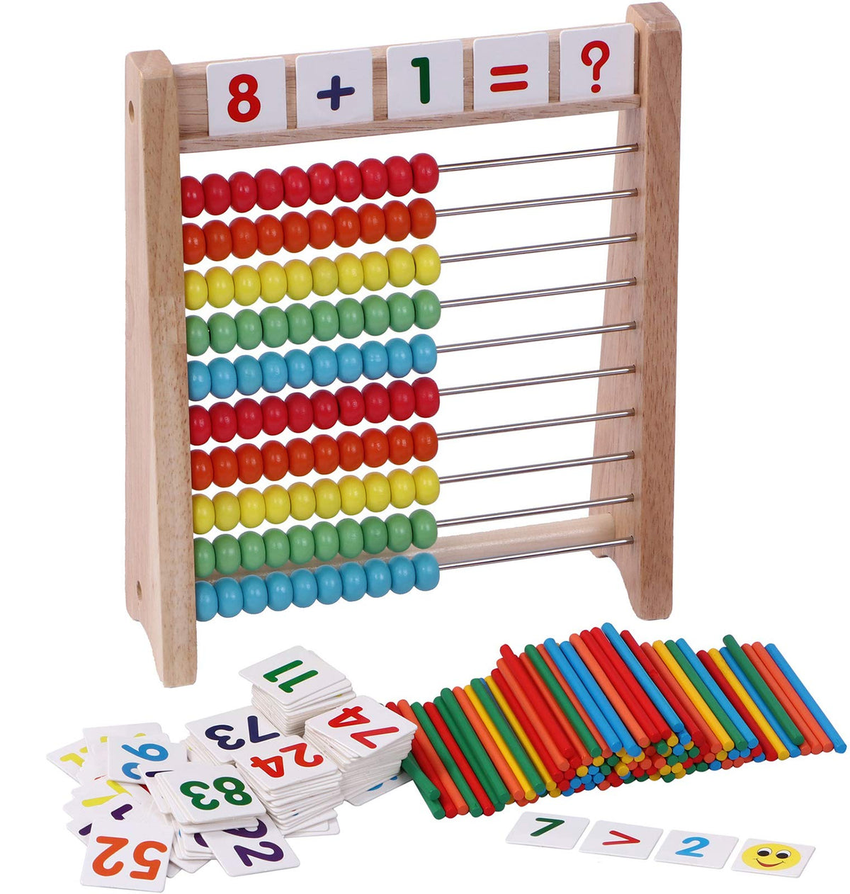 Cltoyvers Wooden Abacus for Kids – 100 Beads, 100 Counting Sticks, 110 Math Cards (1–100)