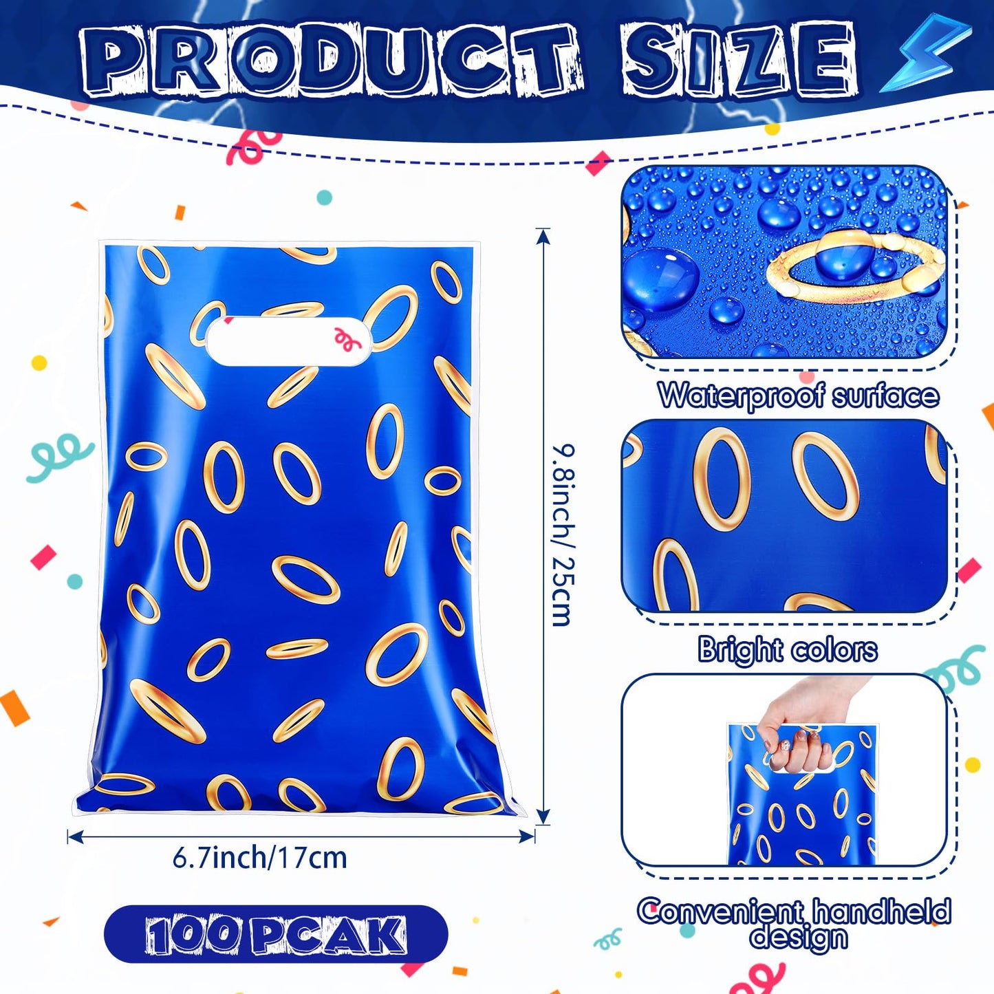 Clysee 50 Pcs Video Game Party Favors Bags – Blue with Gold Ring Print