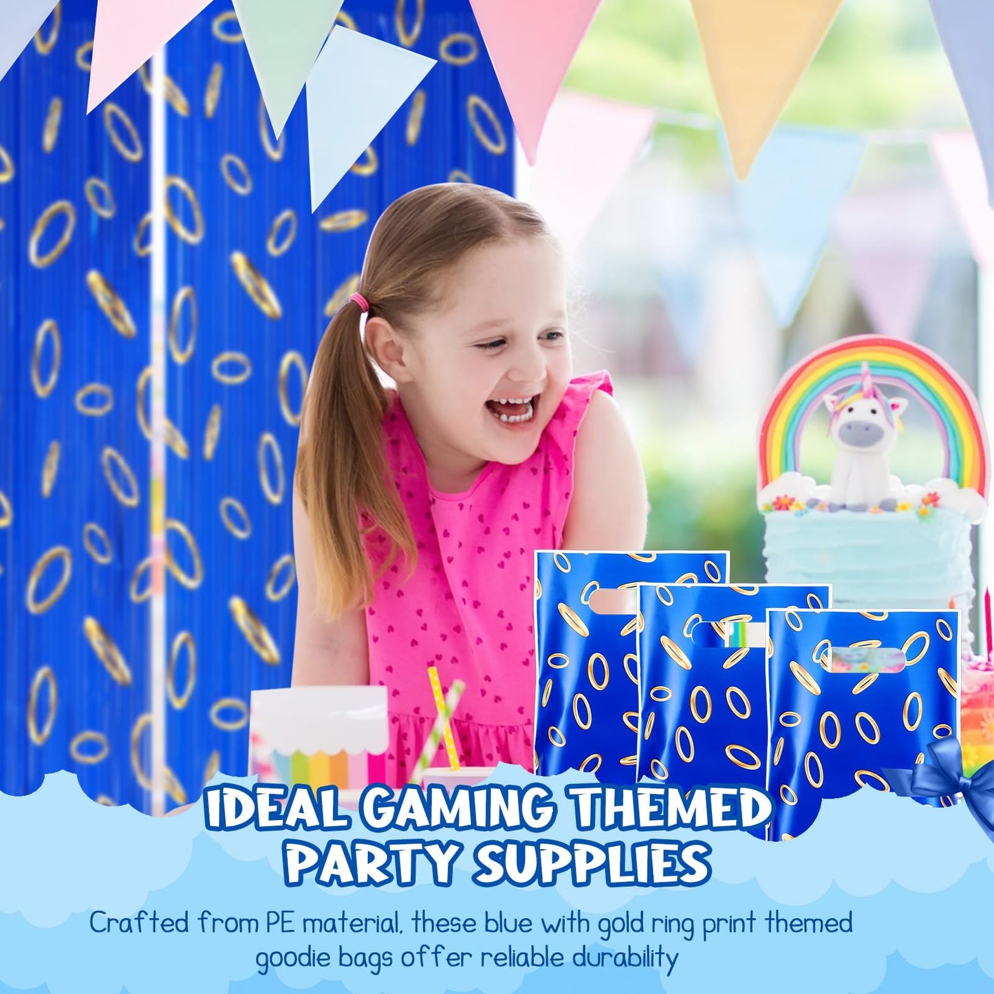 Clysee 50 Pcs Video Game Party Favors Bags – Blue with Gold Ring Print