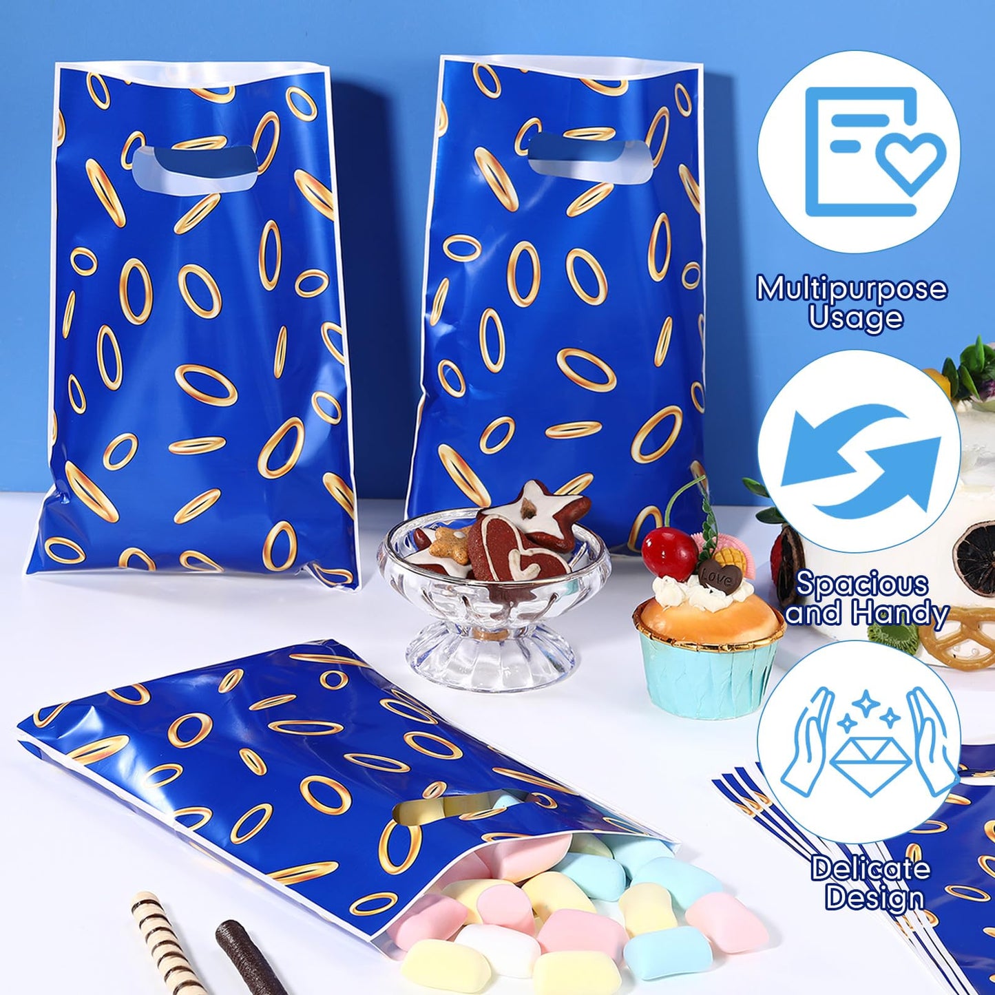 Clysee 50 Pcs Video Game Party Favors Bags – Blue with Gold Ring Print