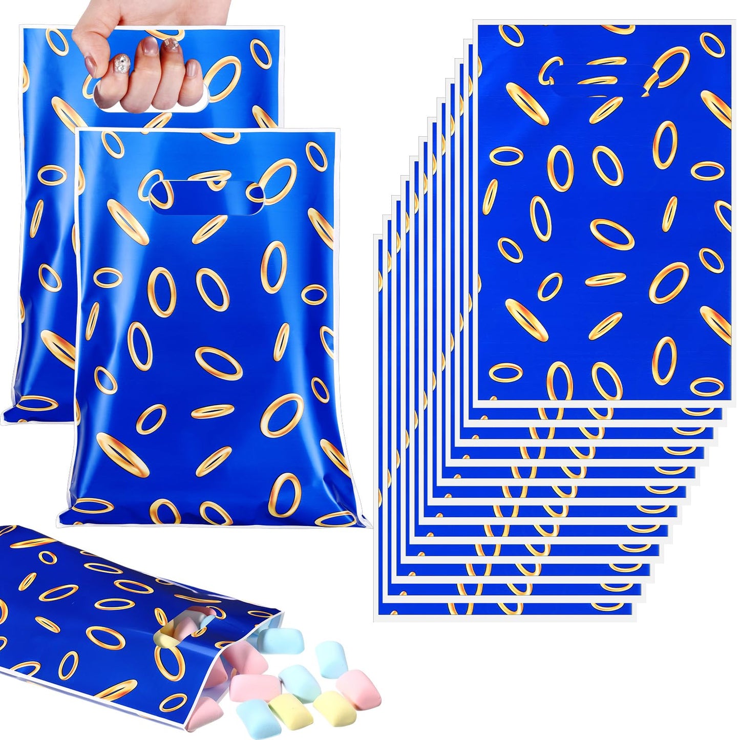 Clysee 50 Pcs Video Game Party Favors Bags – Blue with Gold Ring Print