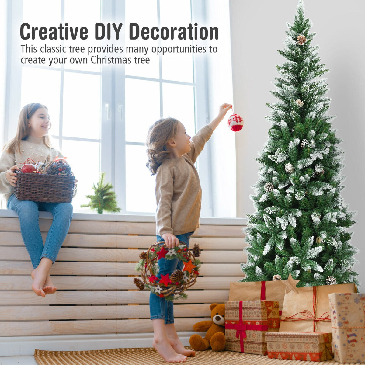Snow-Flocked Pencil Hinged Artificial Christmas Tree with Pine Cones-5FT