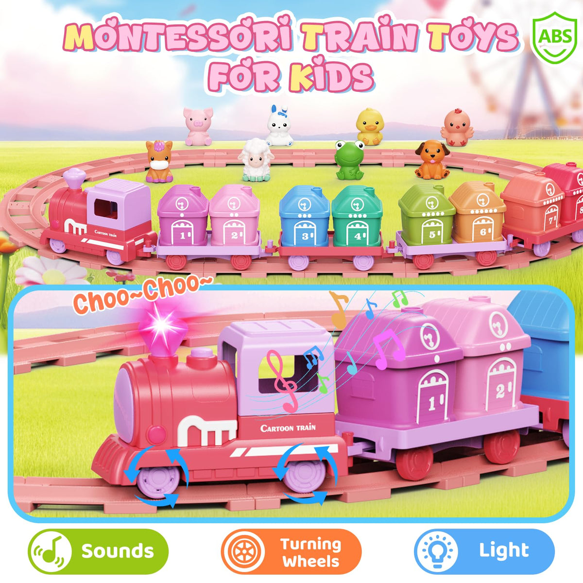 Cmiolacuna Learning Farm Train Set for Toddlers 1-4 | Electric Pink Montessori Train Toy with Animals