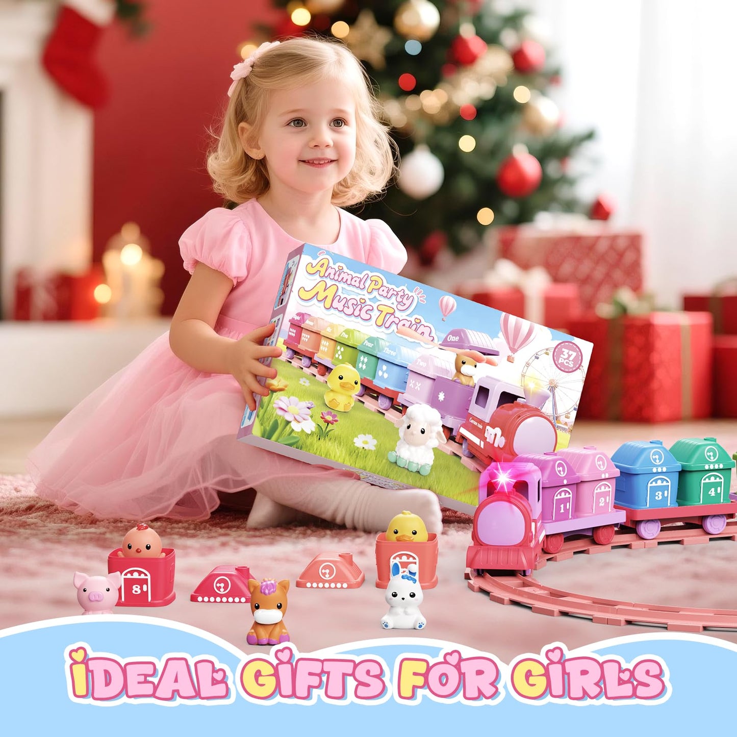 Cmiolacuna Learning Farm Train Set for Toddlers 1-4 | Electric Pink Montessori Train Toy with Animals