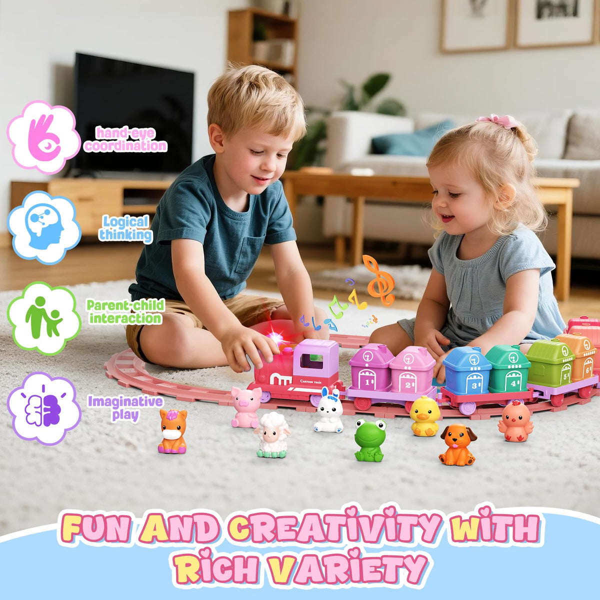 Cmiolacuna Learning Farm Train Set for Toddlers 1-4 | Electric Pink Montessori Train Toy with Animals