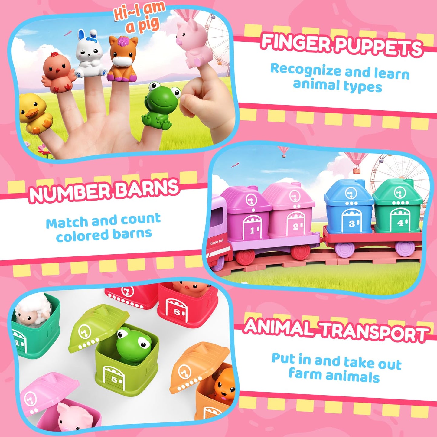 Cmiolacuna Learning Farm Train Set for Toddlers 1-4 | Electric Pink Montessori Train Toy with Animals