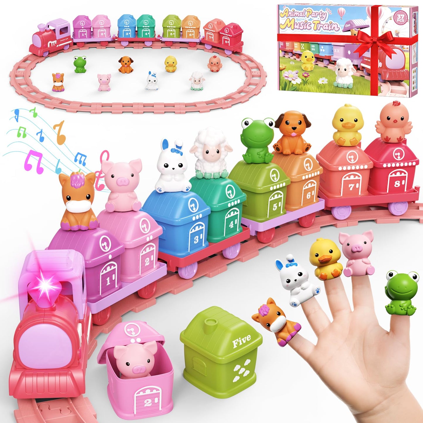 Cmiolacuna Learning Farm Train Set for Toddlers 1-4 | Electric Pink Montessori Train Toy with Animals