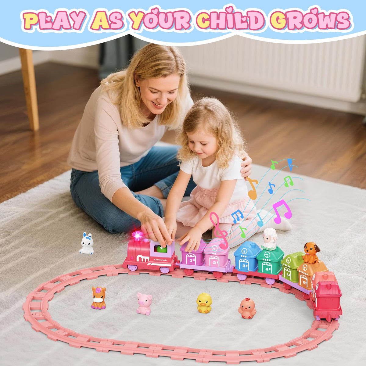 Cmiolacuna Learning Farm Train Set for Toddlers 1-4 | Electric Pink Montessori Train Toy with Animals