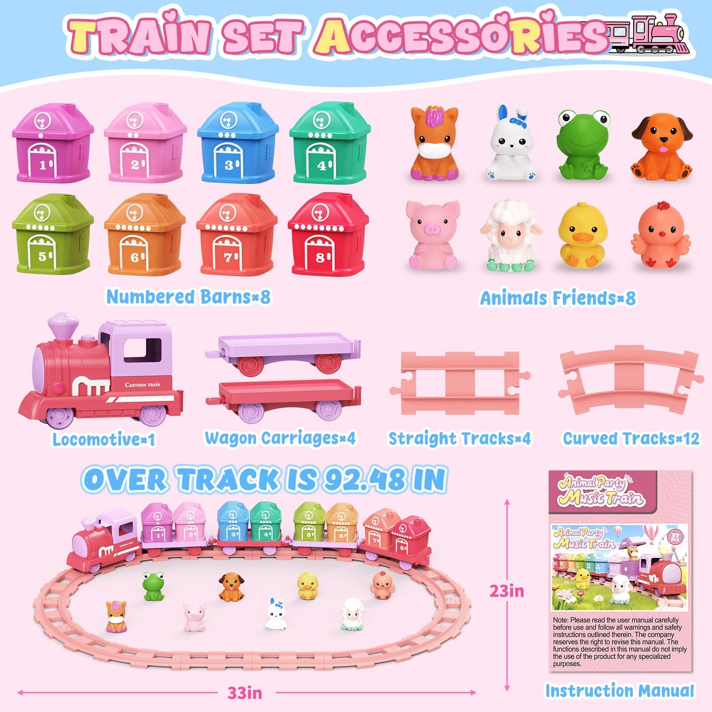 Cmiolacuna Learning Farm Train Set for Toddlers 1-4 | Electric Pink Montessori Train Toy with Animals