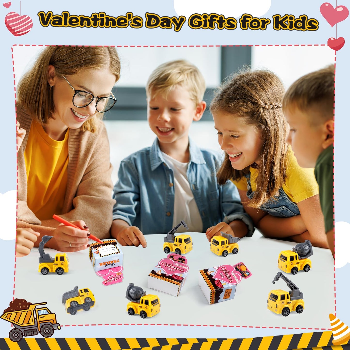 Valentine's Day Kids Gifts – 24-Pack Construction Vehicle Cards by Cmiolacuna