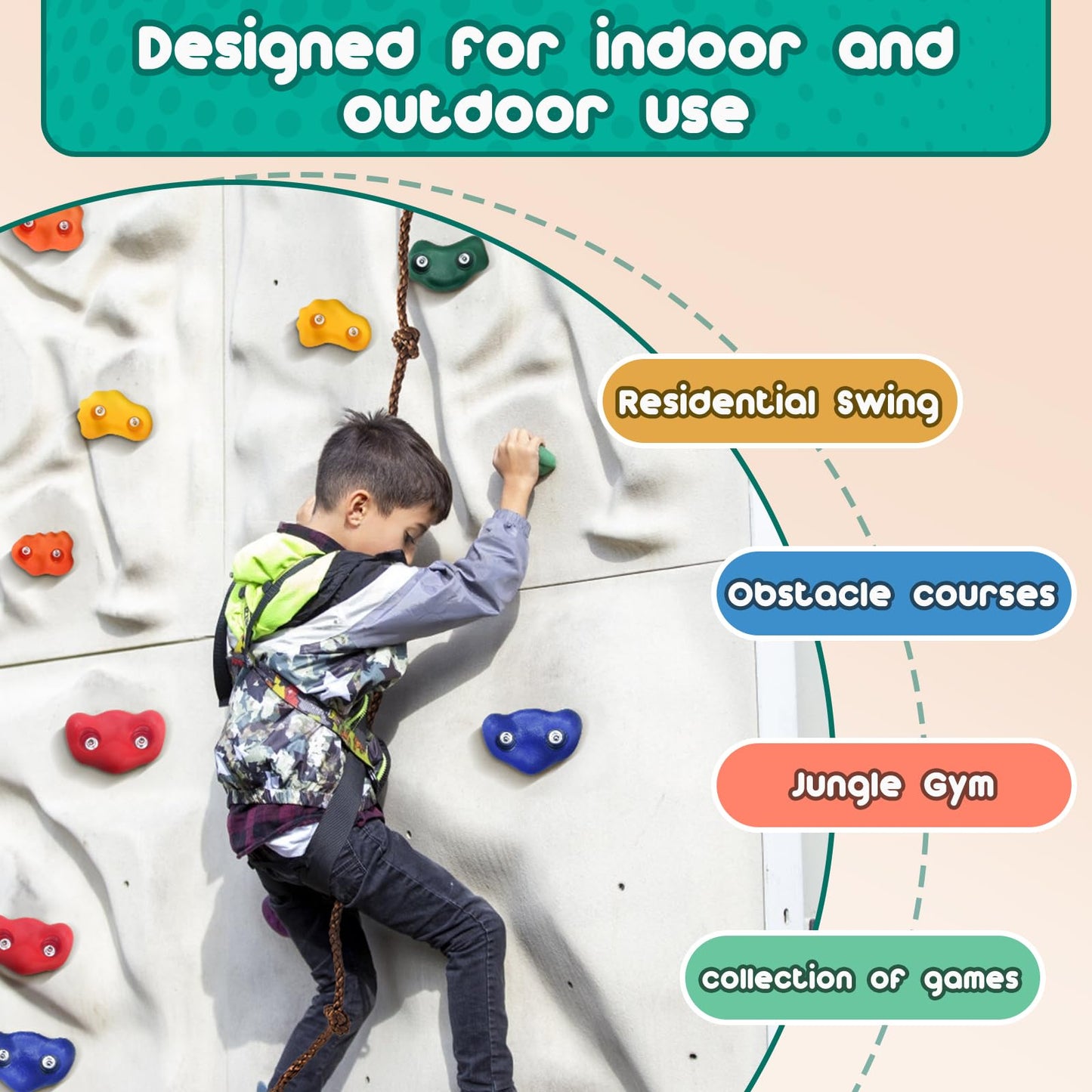 CMOOD Rock Climbing Holds Kit – Indoor/Outdoor Wall for Kids with Rope & Mounting Screws