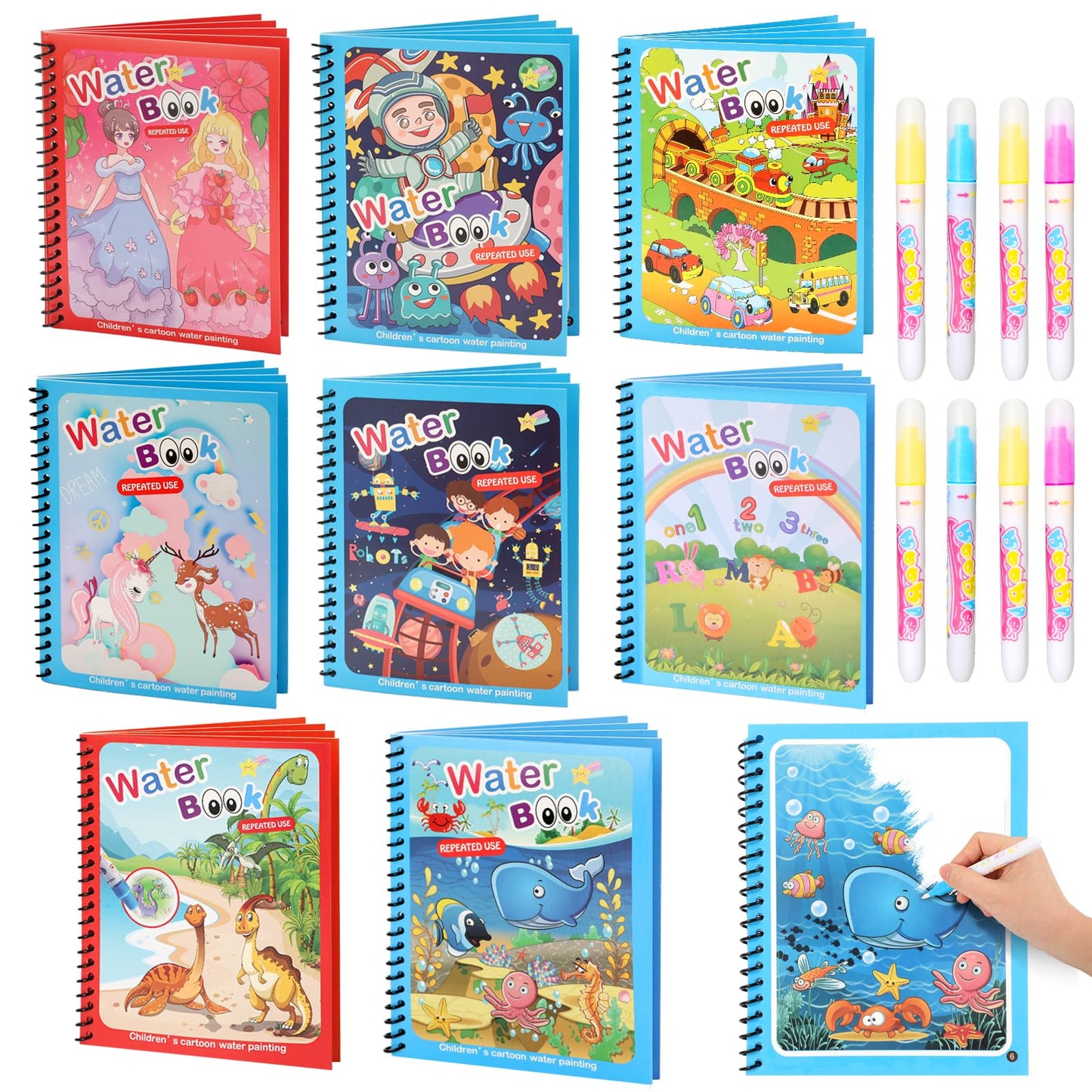 CMTOOP 8-Pack Reusable Water Coloring Books for Toddlers – Mess-Free, Portable Learning Toy