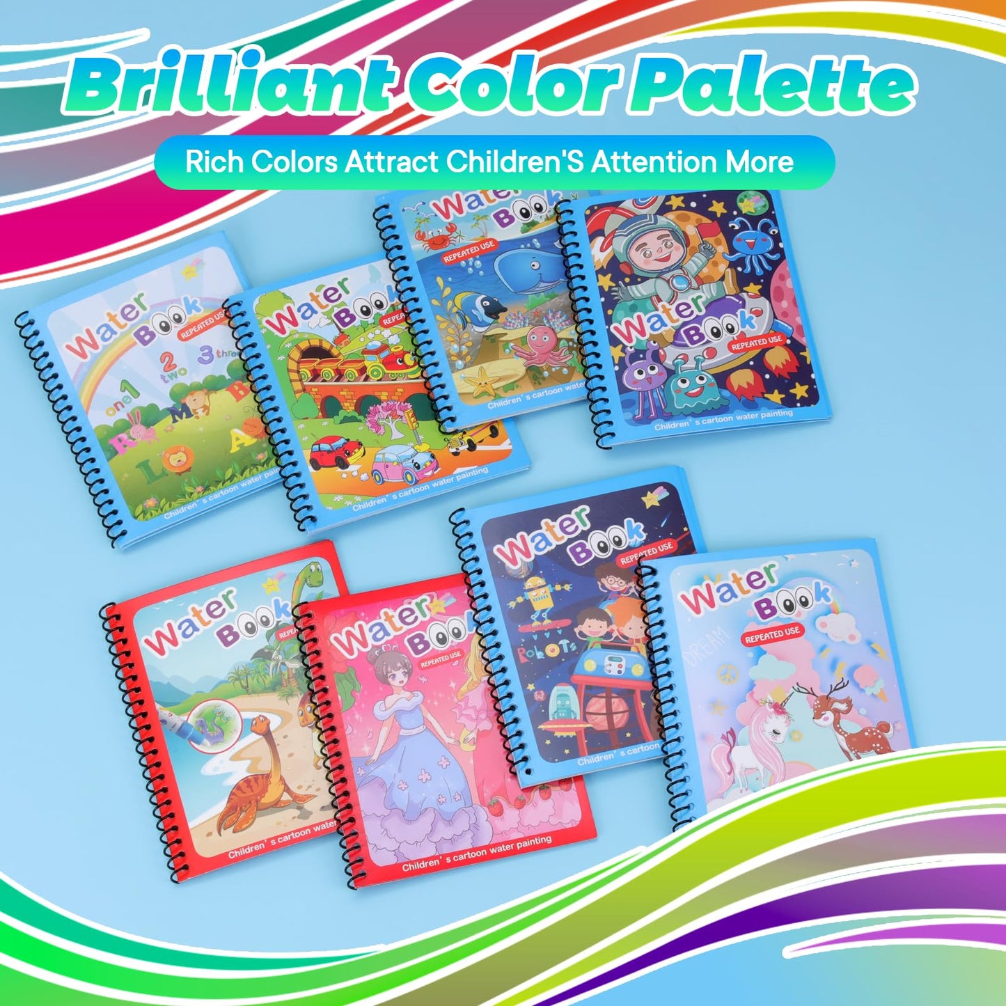 CMTOOP 8-Pack Reusable Water Coloring Books for Toddlers – Mess-Free, Portable Learning Toy