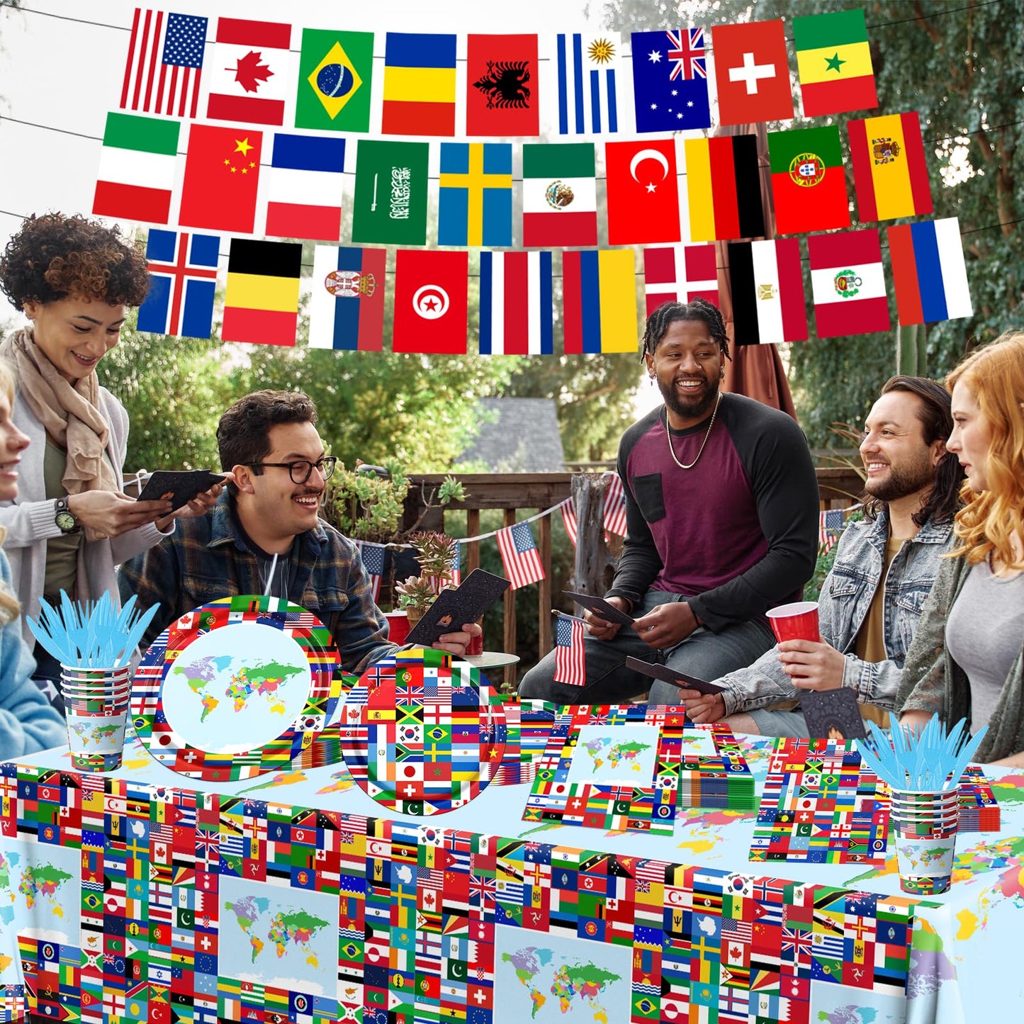 CMUSKO International World Flags Tableware Set | 142 Pcs for Travel-Themed Parties