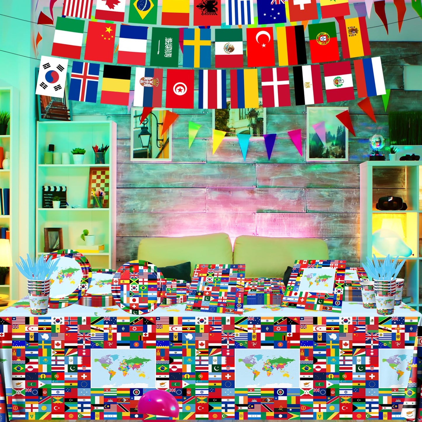 CMUSKO International World Flags Tableware Set | 142 Pcs for Travel-Themed Parties