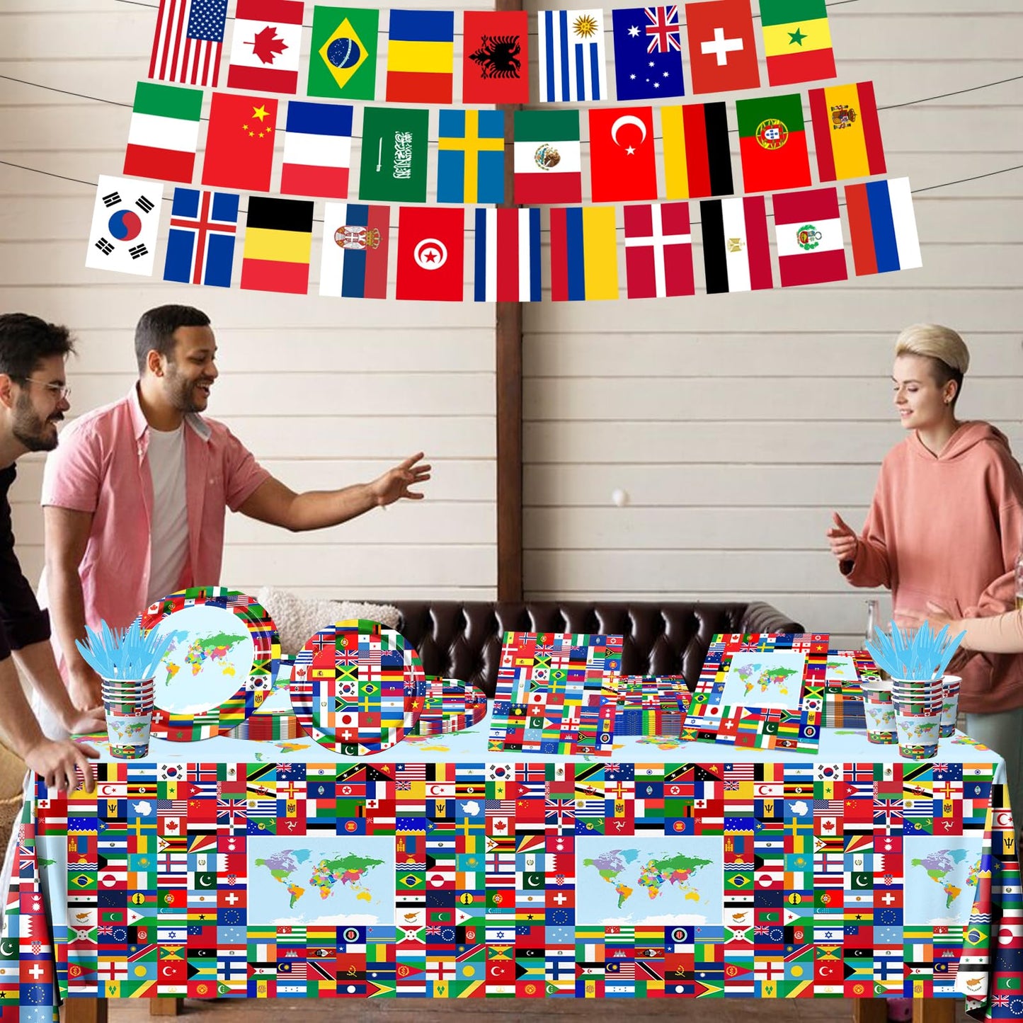 CMUSKO International World Flags Tableware Set | 142 Pcs for Travel-Themed Parties