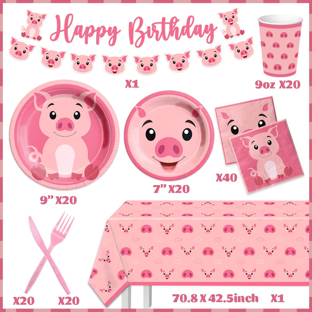 CMUSKO Pig Birthday Decorations - 143Pcs Farm Animal Tableware for 20 Guests