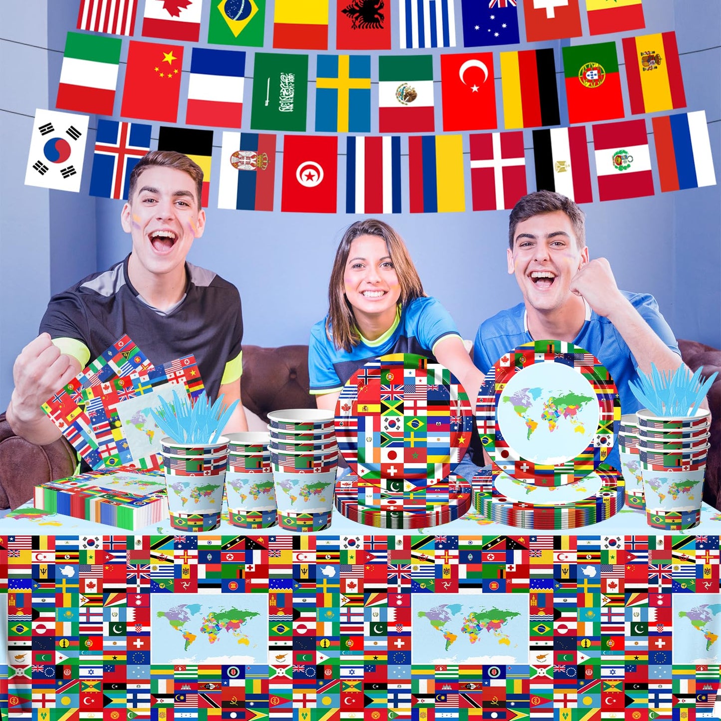 CMUSKO International World Flags Tableware Set | 142 Pcs for Travel-Themed Parties
