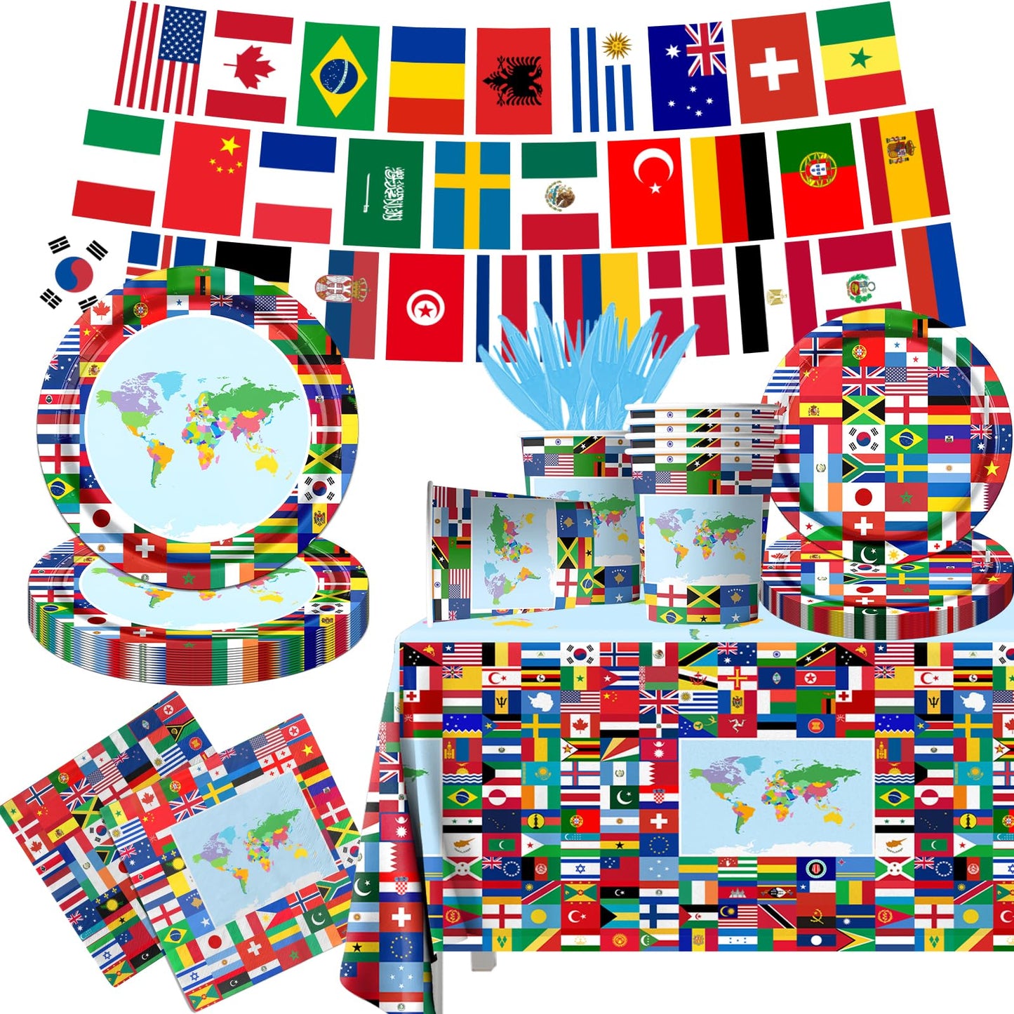 CMUSKO International World Flags Tableware Set | 142 Pcs for Travel-Themed Parties