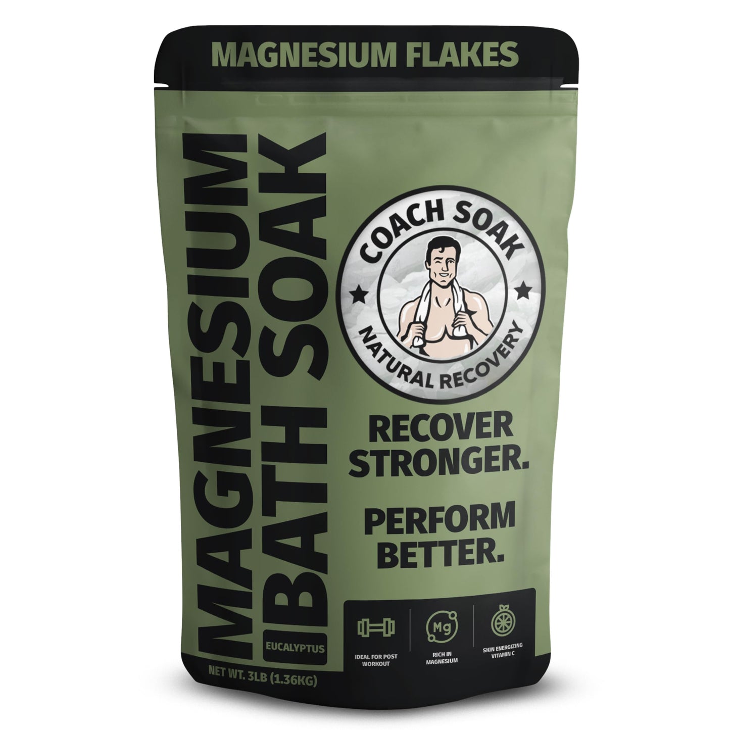 Coach Soak Recovery Bath Soak – Pure Magnesium Flakes & Dead Sea Salt, 3 lb, Eucalyptus & Tea Tree
